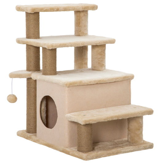 Adjustable Height Cat Stairs with Jute Scratching Posts, Cat House for Cozy Rest, Pet Steps for Couch Sofa and High Bed with Hanging Ball, Front Hole, Platform, Beige