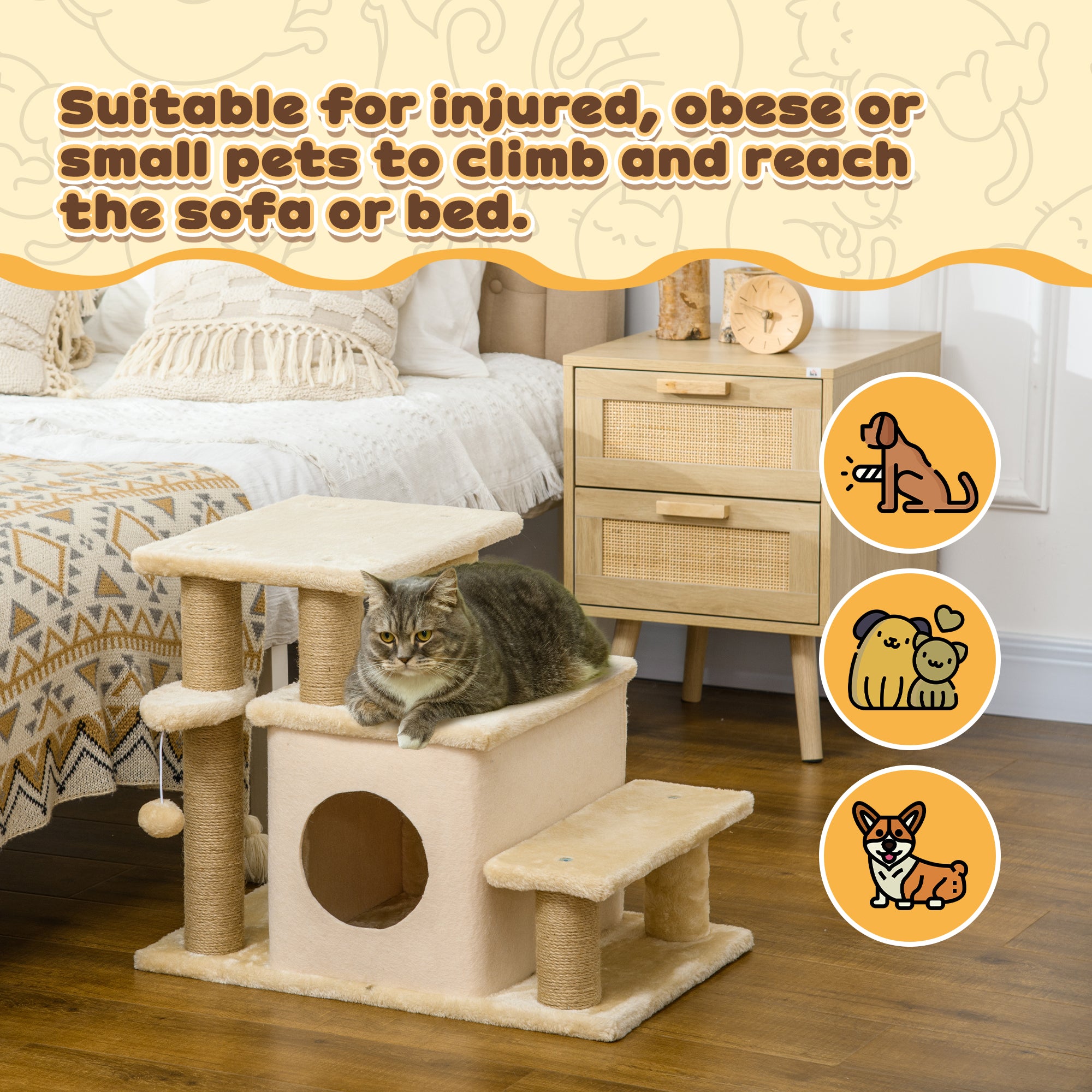 Adjustable Height Cat Stairs with Jute Scratching Posts, Cat House for Cozy Rest, Pet Steps for Couch Sofa and High Bed with Hanging Ball, Front Hole, Platform, Beige