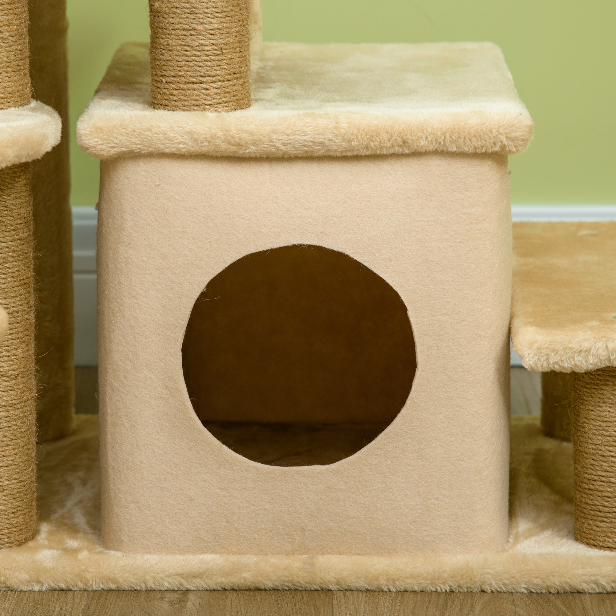 Adjustable Height Cat Stairs with Jute Scratching Posts, Cat House for Cozy Rest, Pet Steps for Couch Sofa and High Bed with Hanging Ball, Front Hole, Platform, Beige