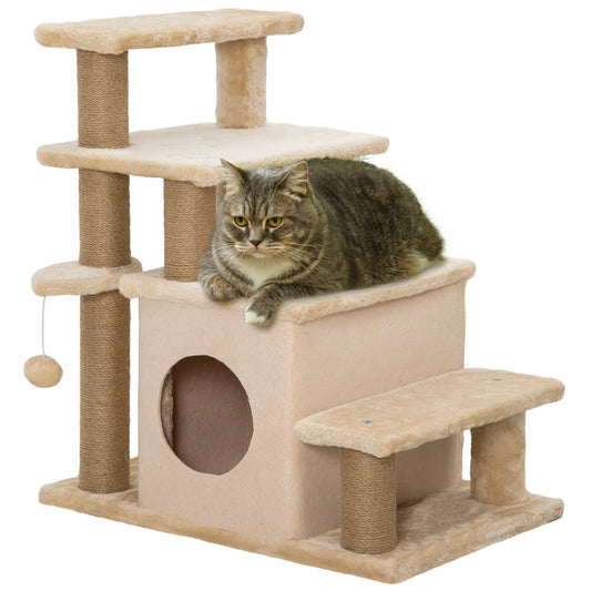 Adjustable Height Cat Stairs with Jute Scratching Posts, Cat House for Cozy Rest, Pet Steps for Couch Sofa and High Bed with Hanging Ball, Front Hole, Platform, Beige