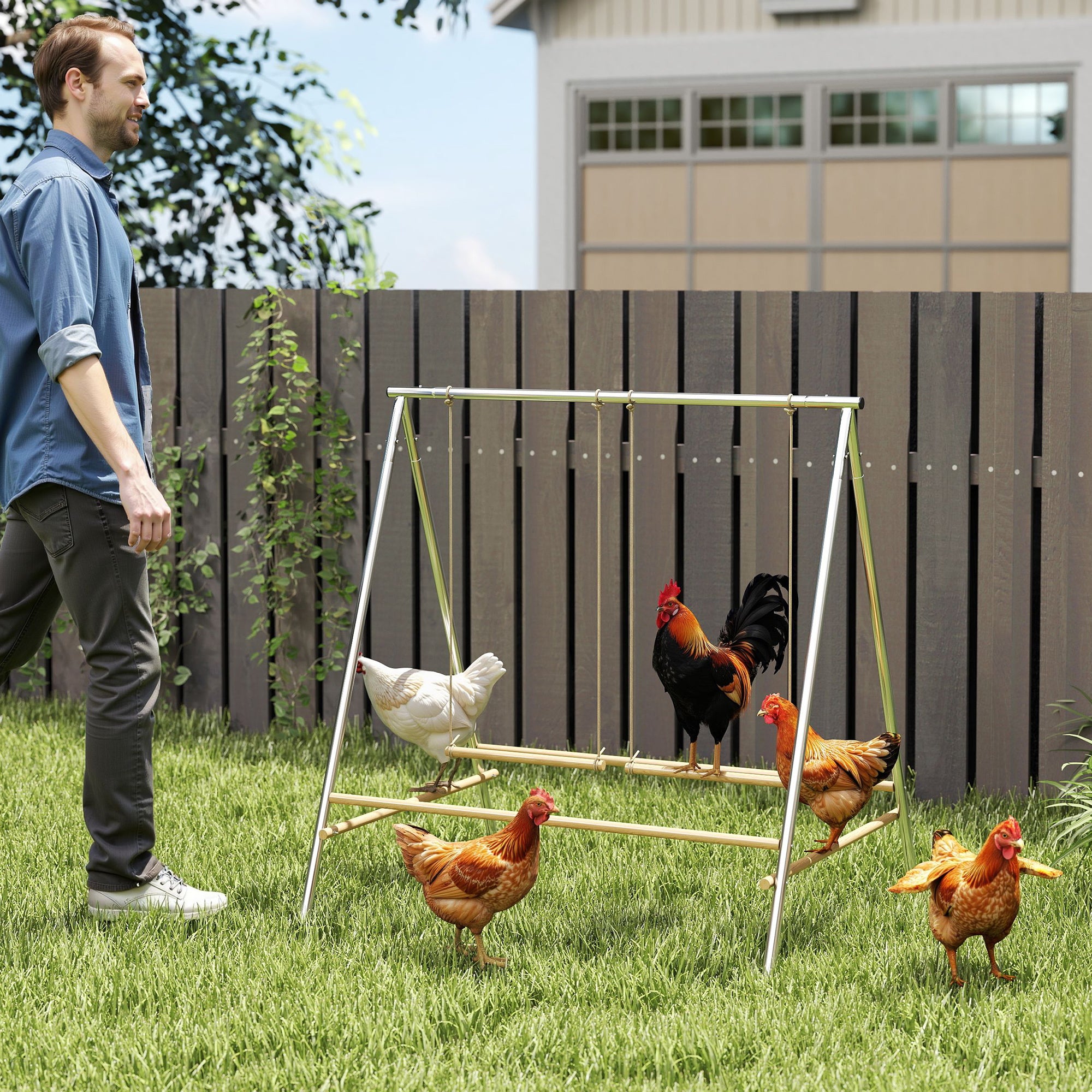 Chicken Perch for Coop, Chicken Roosting Bars with 2 Adjustable Swings, Coop Accessories for Farm, Backyard, Silver