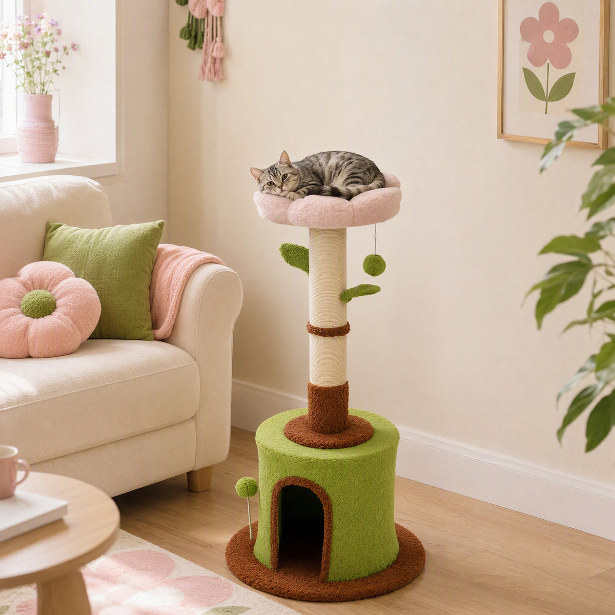 Cat Tree for Indoor Kittens, 88cm Flower Cat Tower with Condo & Bed, Scratching Post, 2 Toy Balls and 2 Crinkle Leaves, Kitty Activity Centre for Playing and Resting