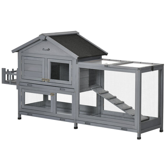 65" Wooden Rabbit Hutch, Pet Playpen with Openable Roof, Bunny House Enclosure with Storage Box, Slide-out Tray, Ramp, for Rabbits and Small Animals, Dark Grey