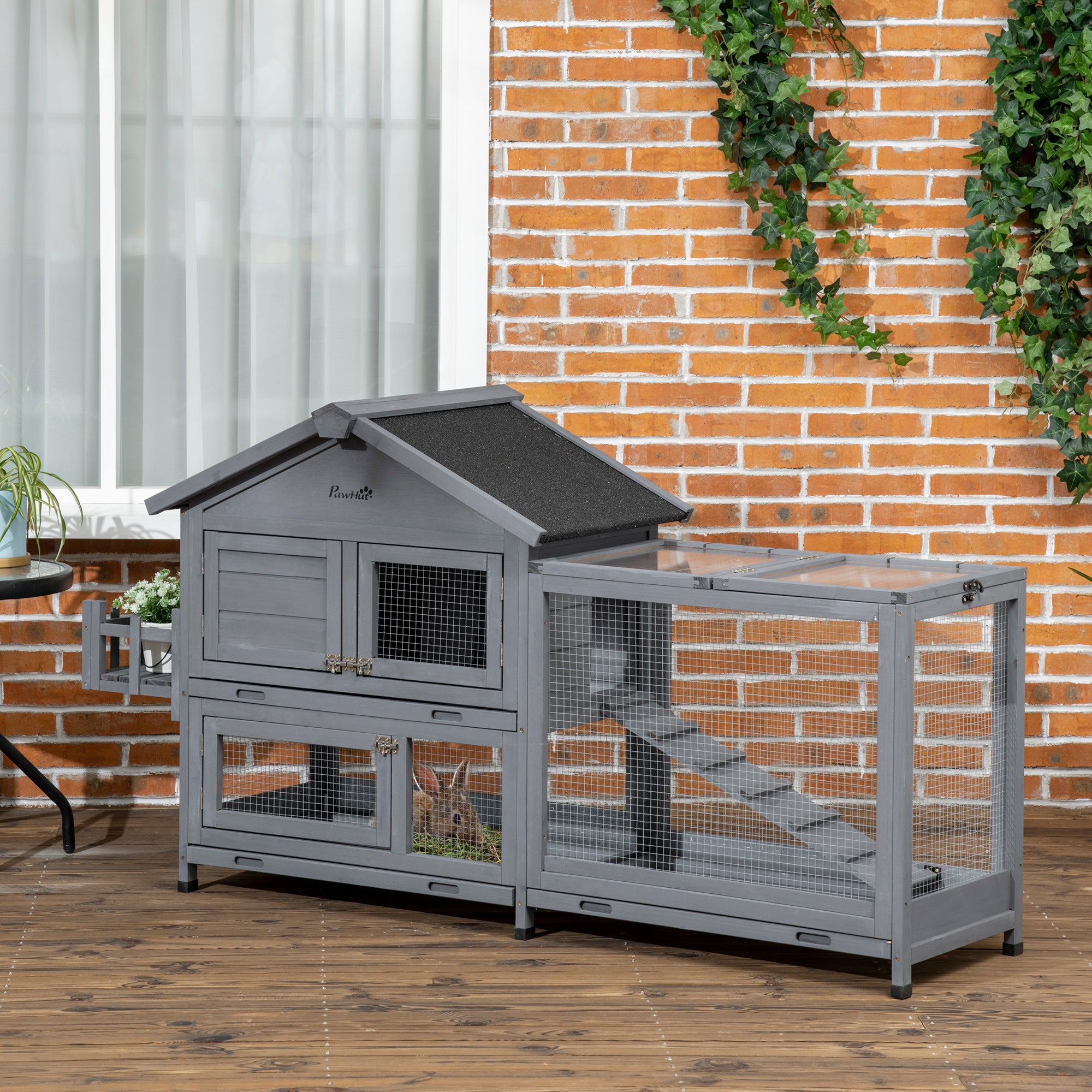 65" Wooden Rabbit Hutch, Pet Playpen with Openable Roof, Bunny House Enclosure with Storage Box, Slide-out Tray, Ramp, for Rabbits and Small Animals, Dark Grey