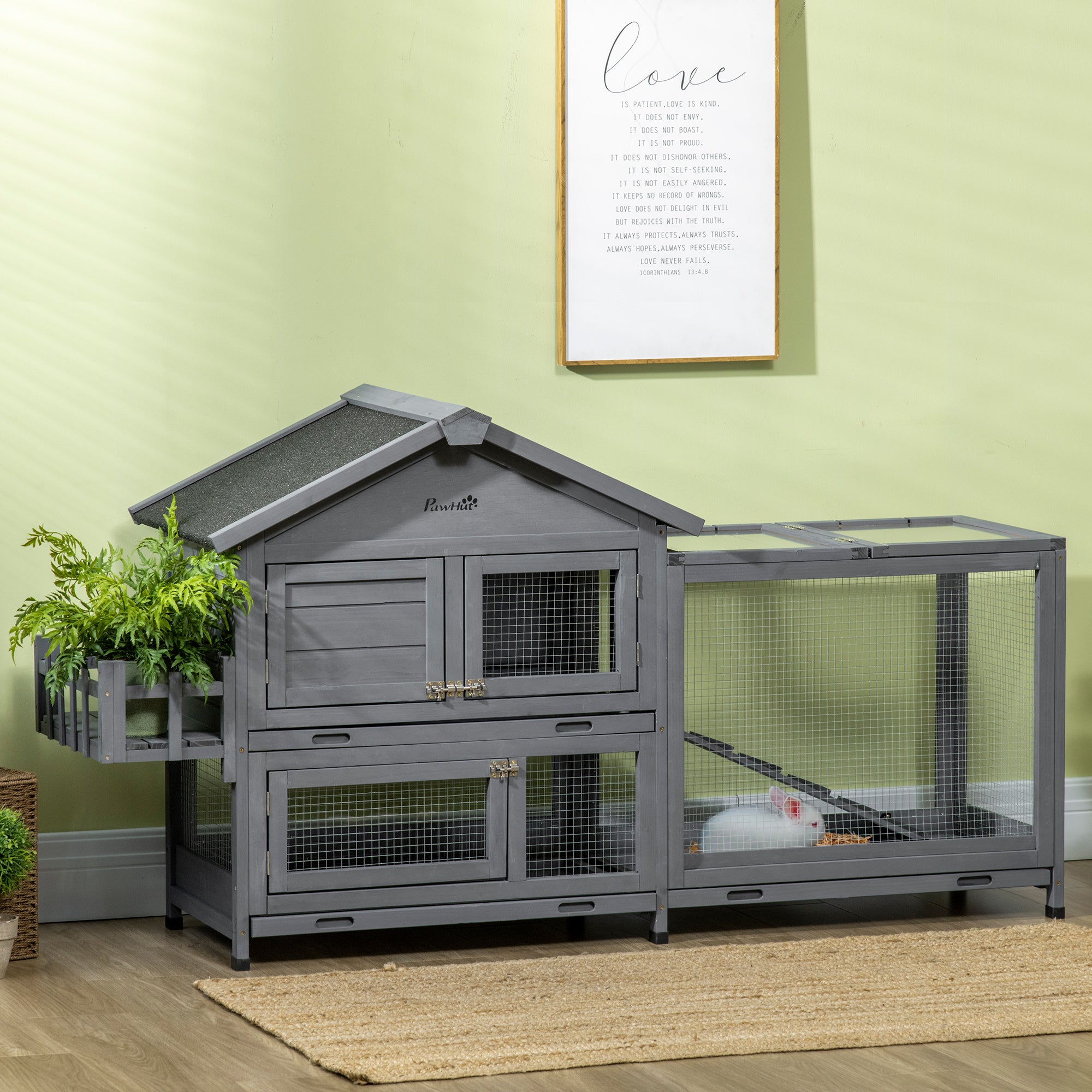 65" Wooden Rabbit Hutch, Pet Playpen with Openable Roof, Bunny House Enclosure with Storage Box, Slide-out Tray, Ramp, for Rabbits and Small Animals, Dark Grey