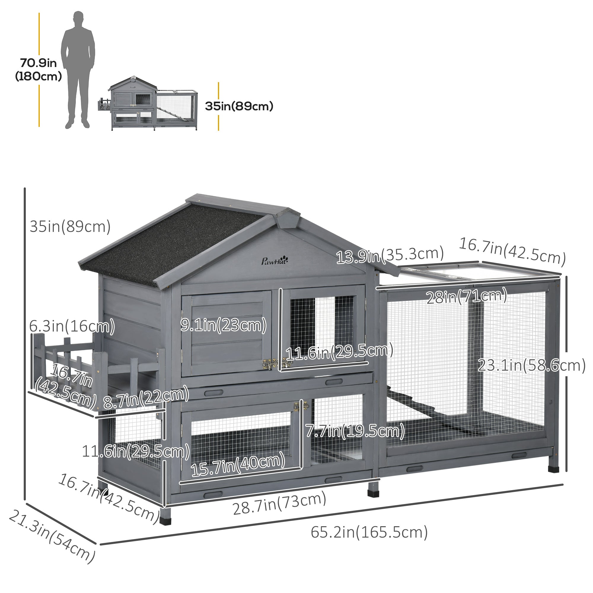 65" Wooden Rabbit Hutch, Pet Playpen with Openable Roof, Bunny House Enclosure with Storage Box, Slide-out Tray, Ramp, for Rabbits and Small Animals, Dark Grey