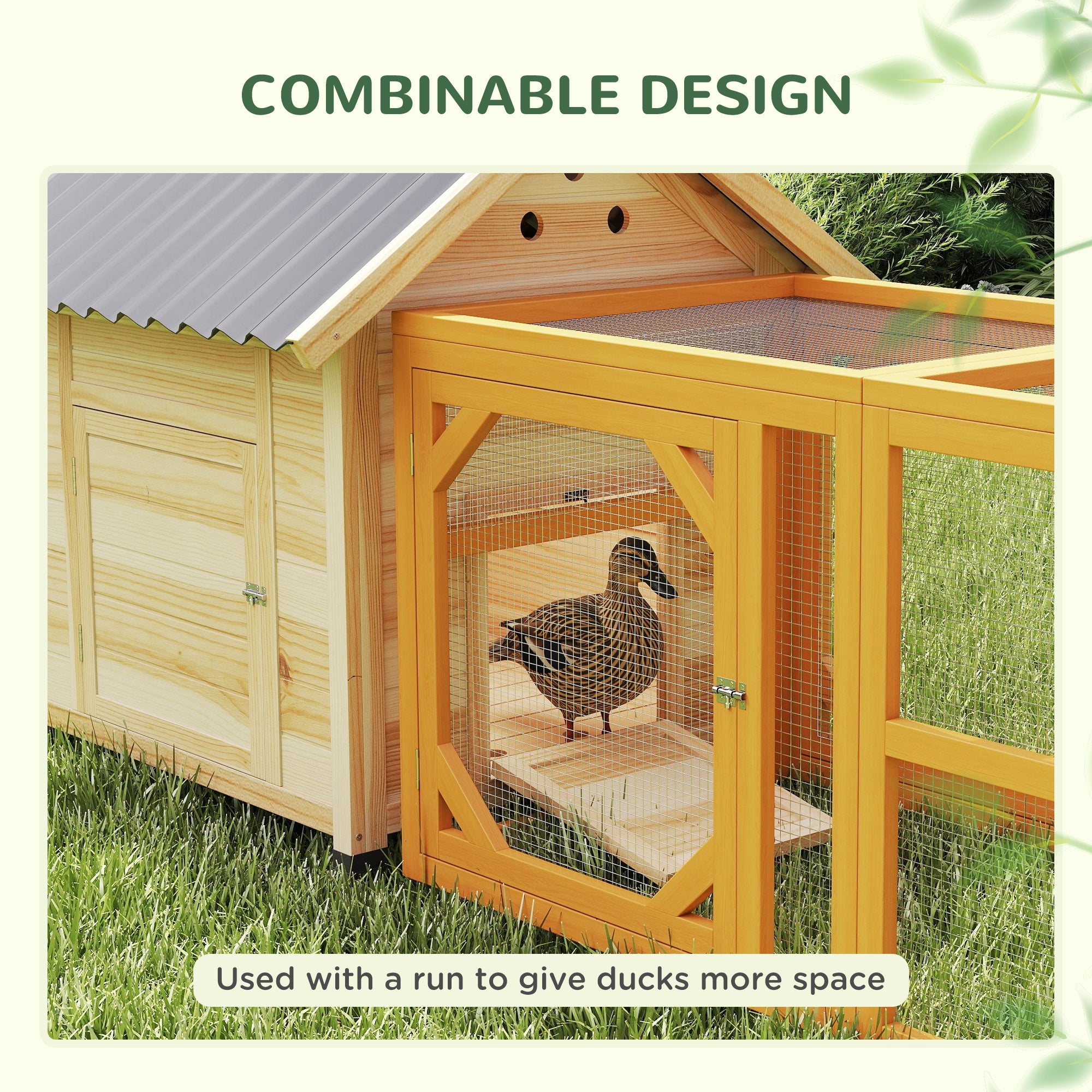 Wooden Duck House, Raised Chicken Coop with Double Doors, Poultry Coop with Openable Roof, Ventilation Holes, Removable Base, Natural Wood Finish