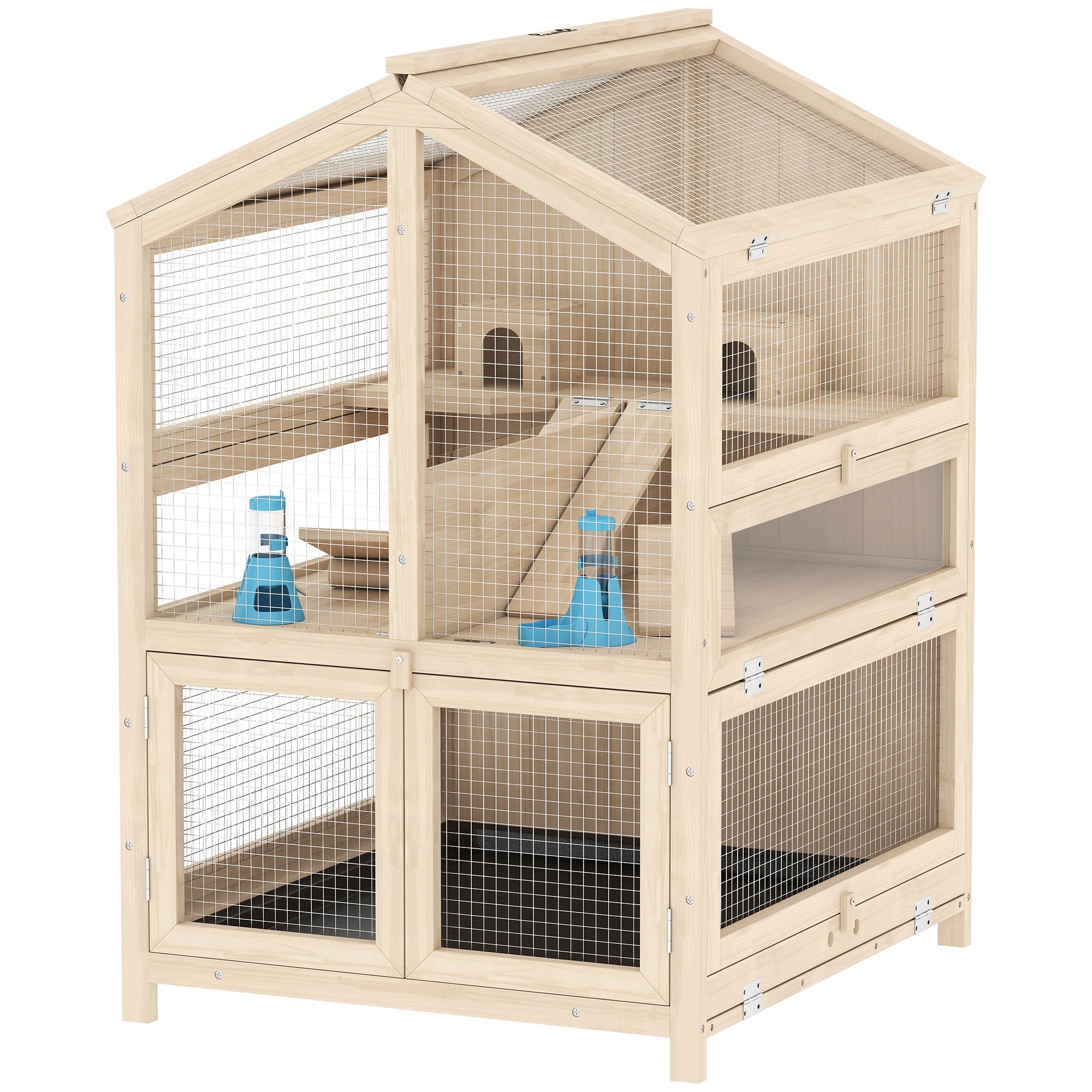 Wooden Hamster Cage, Large 3 Tier Hamster Cage w/ Pull-Out Tray, Openable Tops, Huts, Seesaws, Ramps, Water Bowls, for Small Animals, Guinea Pigs, Rats, Bunnies, Gerbils, 26.8" x 24.2" x 35.4"