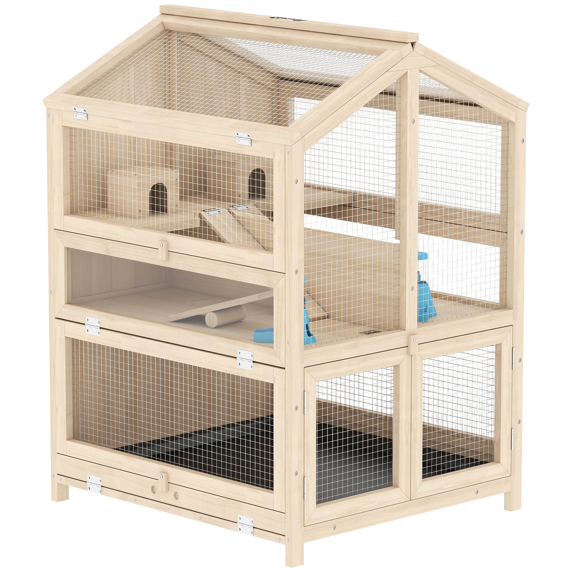 Wooden Hamster Cage, Large 3 Tier Hamster Cage w/ Pull-Out Tray, Openable Tops, Huts, Seesaws, Ramps, Water Bowls, for Small Animals, Guinea Pigs, Rats, Bunnies, Gerbils, 26.8" x 24.2" x 35.4"