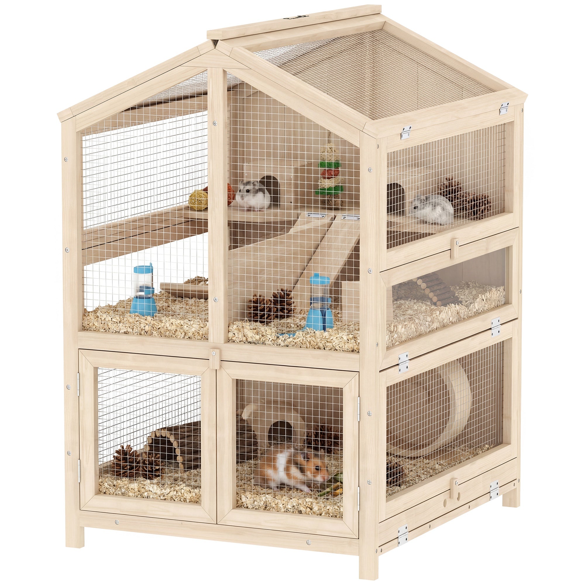 Wooden Hamster Cage, Large 3 Tier Hamster Cage w/ Pull-Out Tray, Openable Tops, Huts, Seesaws, Ramps, Water Bowls, for Small Animals, Guinea Pigs, Rats, Bunnies, Gerbils, 26.8" x 24.2" x 35.4"