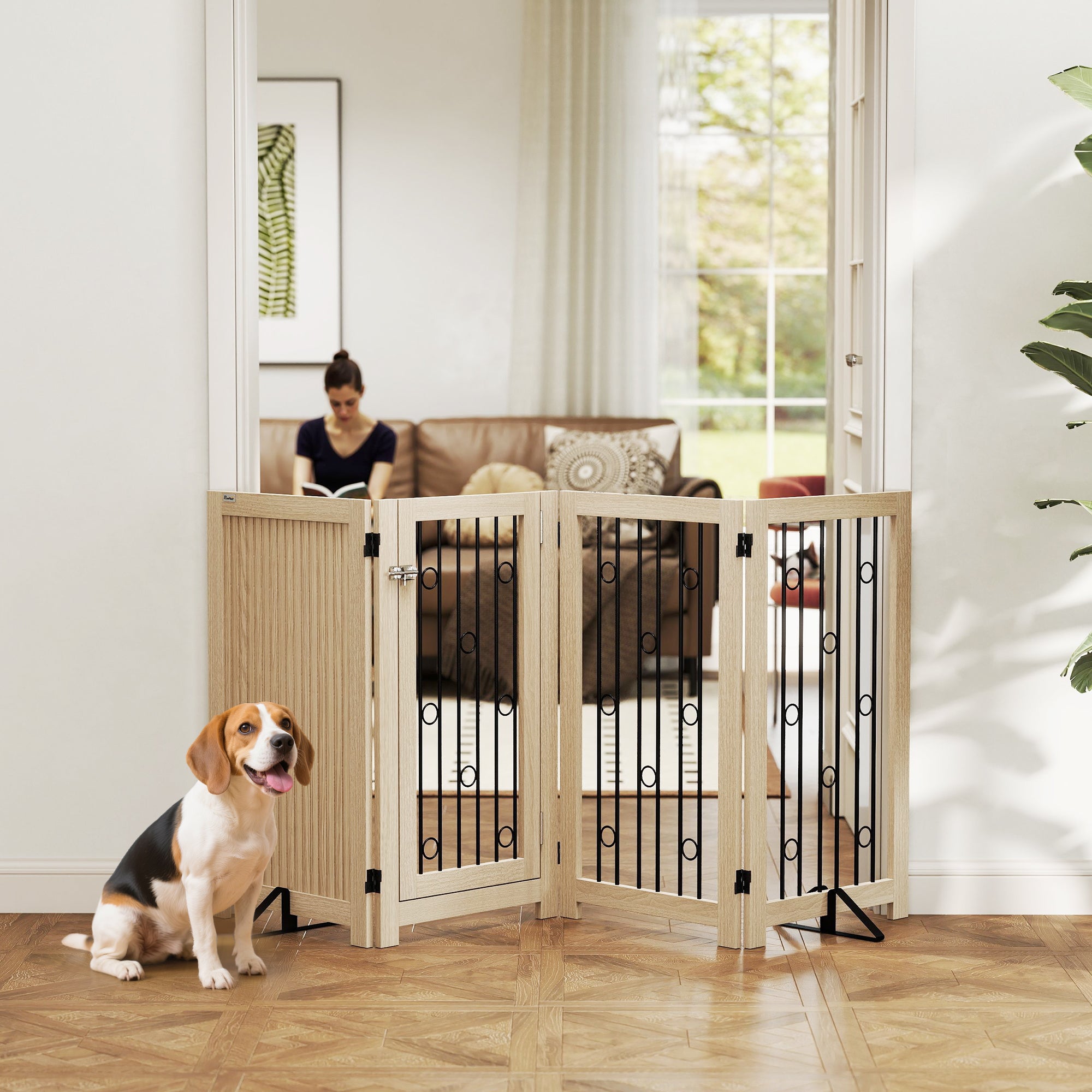Freestanding Pet Gate, Foldable Dog Gate with Lockable Door, Metal Support Feet & 360° Flexible Hinges, 4 Panel Indoor Dog Barrier for House, Stairs, Doorway, 205 x 30.5 x 91.5 cm, Oak