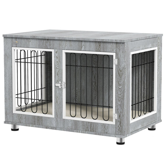 Dog Crate Furniture, Indoor Dog Kennel Side End Table with Cushion, Double Doors, for Medium and Large Breeds, 90 x 58 x 65 cm, Grey