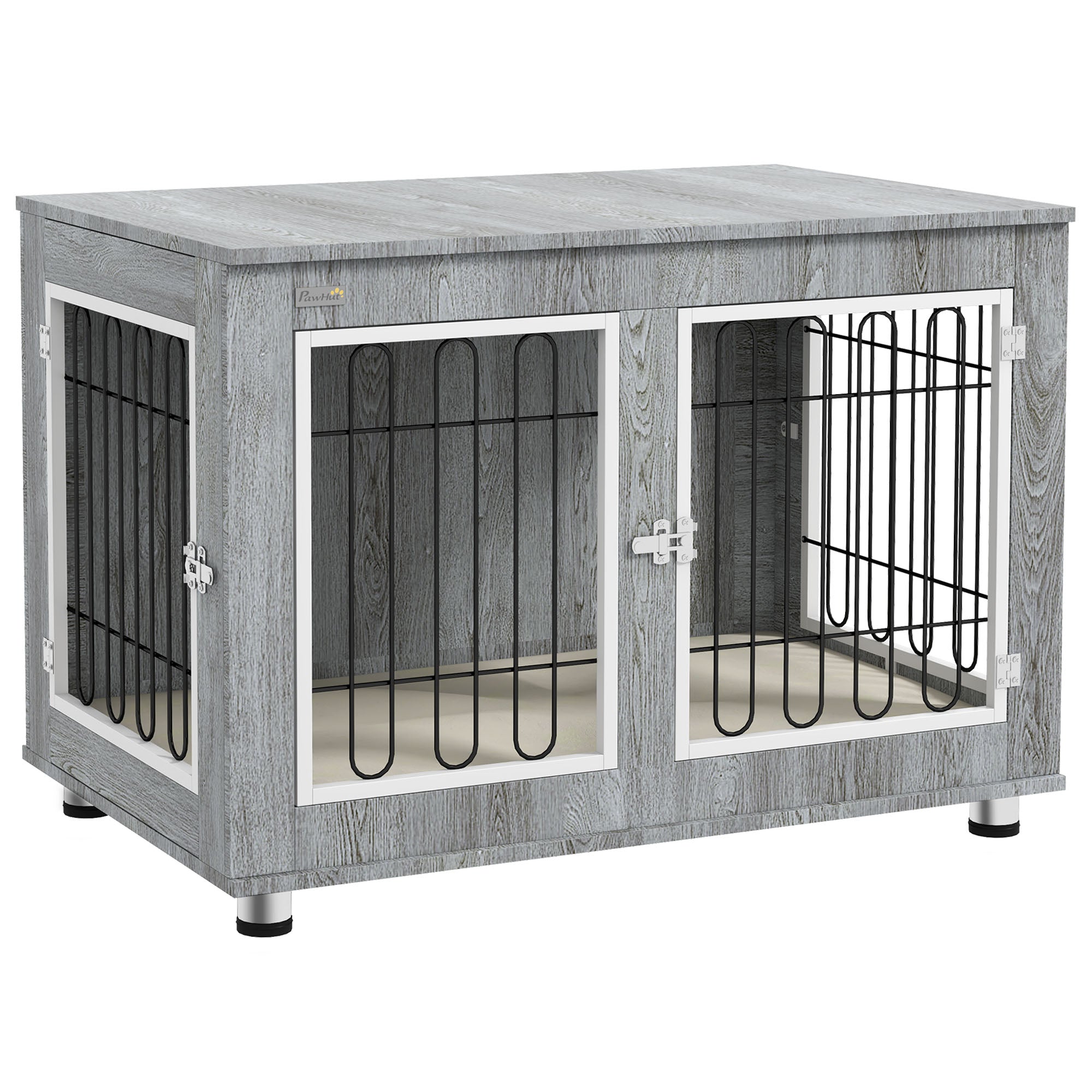Dog Crate Furniture, Indoor Dog Kennel Side End Table with Cushion, Double Doors, for Medium and Large Breeds, 90 x 58 x 65 cm, Grey
