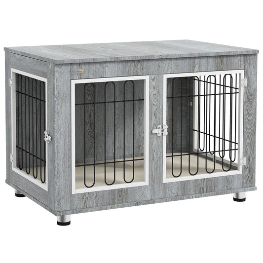 Dog Crate Furniture, Indoor Dog Kennel Side End Table with Cushion, Double Doors, for Medium and Large Breeds, 90 x 58 x 65 cm, Grey