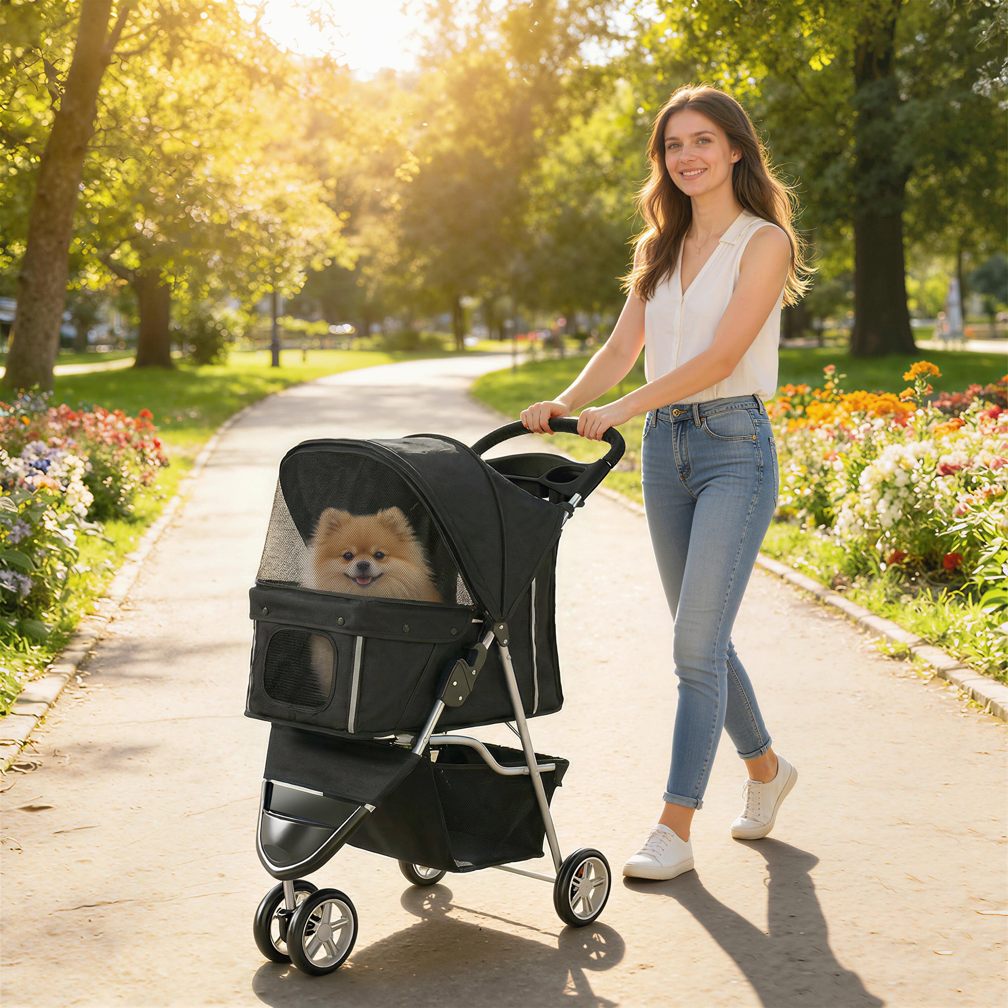 Dog Stroller, 3 Wheels Foldable Cat Dog Pram with Cup Holder, Storage Basket, Pet Stroller for Small Miniature Dogs, Black
