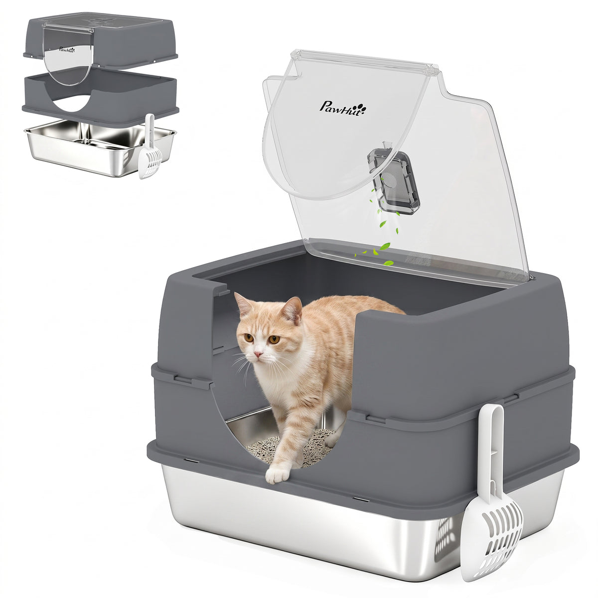 Stainless Steel Cat Litter Box with Lid, High Sided Enclosed Litter Box with Removable Lid, Tray, Scoop, Easy to Clean, Odor Control, Anti-Leakage, Grey