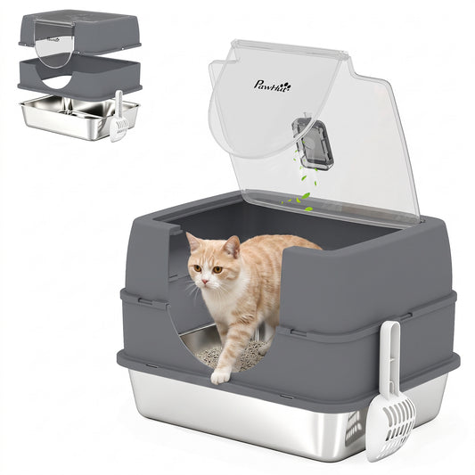 Stainless Steel Cat Litter Box with Lid, High Sided Enclosed Litter Box with Removable Lid, Tray, Scoop, Easy to Clean, Odor Control, Anti-Leakage, Grey