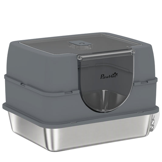 Stainless Steel Cat Litter Box with Lid, High Sided Enclosed Litter Box with Removable Lid, Tray, Scoop, Easy to Clean, Odor Control, Anti-Leakage, Grey