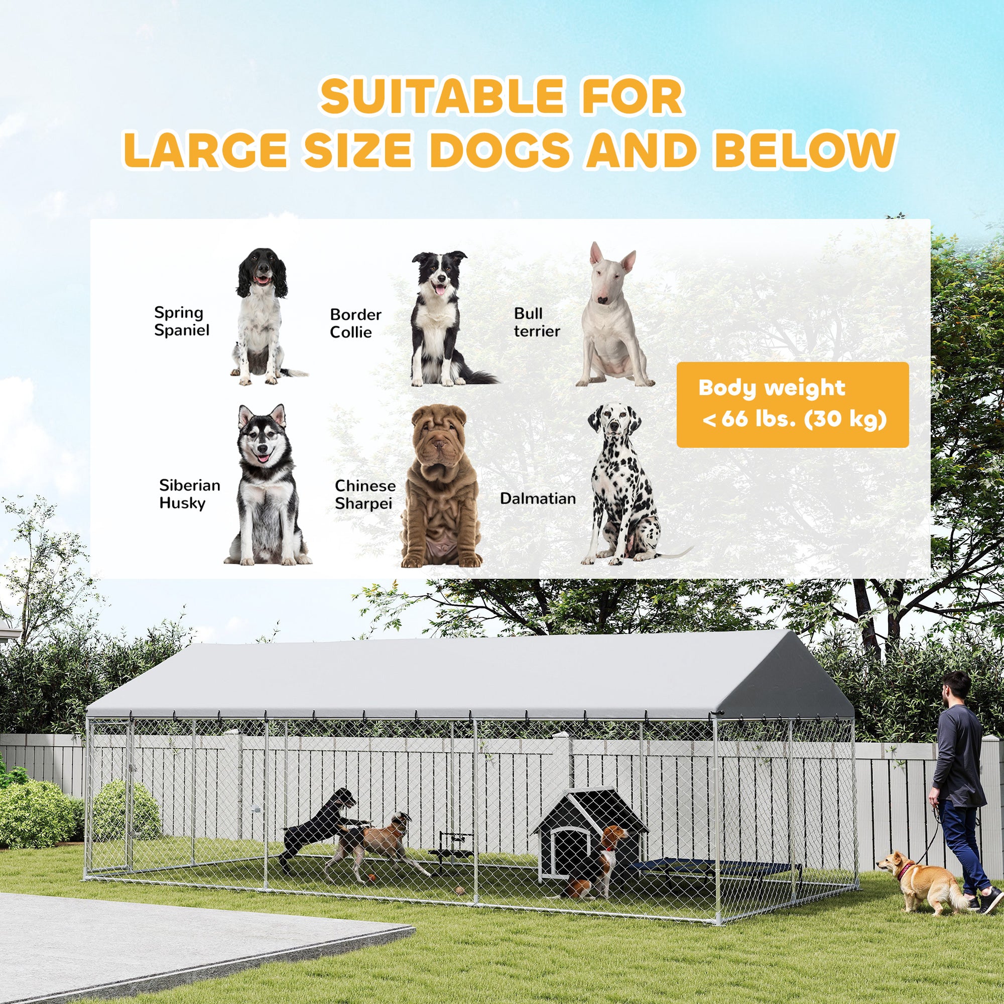 Outdoor Dog Kennel, 20' x 10' x 7', Heavy Duty Large Dog Kennel Outside w/ Waterproof Roof, Galvanized Chain Link Pet Enclosure w/ 2 Secure Locks, for Large Breed, Chicken, Duck