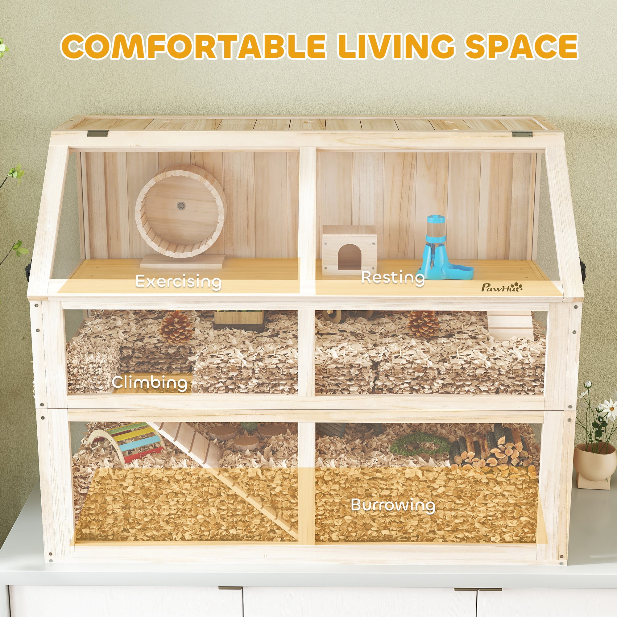 Wooden Hamster Cage, 3 Tier Small Animal Cage with Detachable 12.4" Deep Bottom, Hut, Seesaw, Exercise Wheel, Ramps, Hamster Habitat for Dwarf, Gerbil, 37" x 21" x 30"