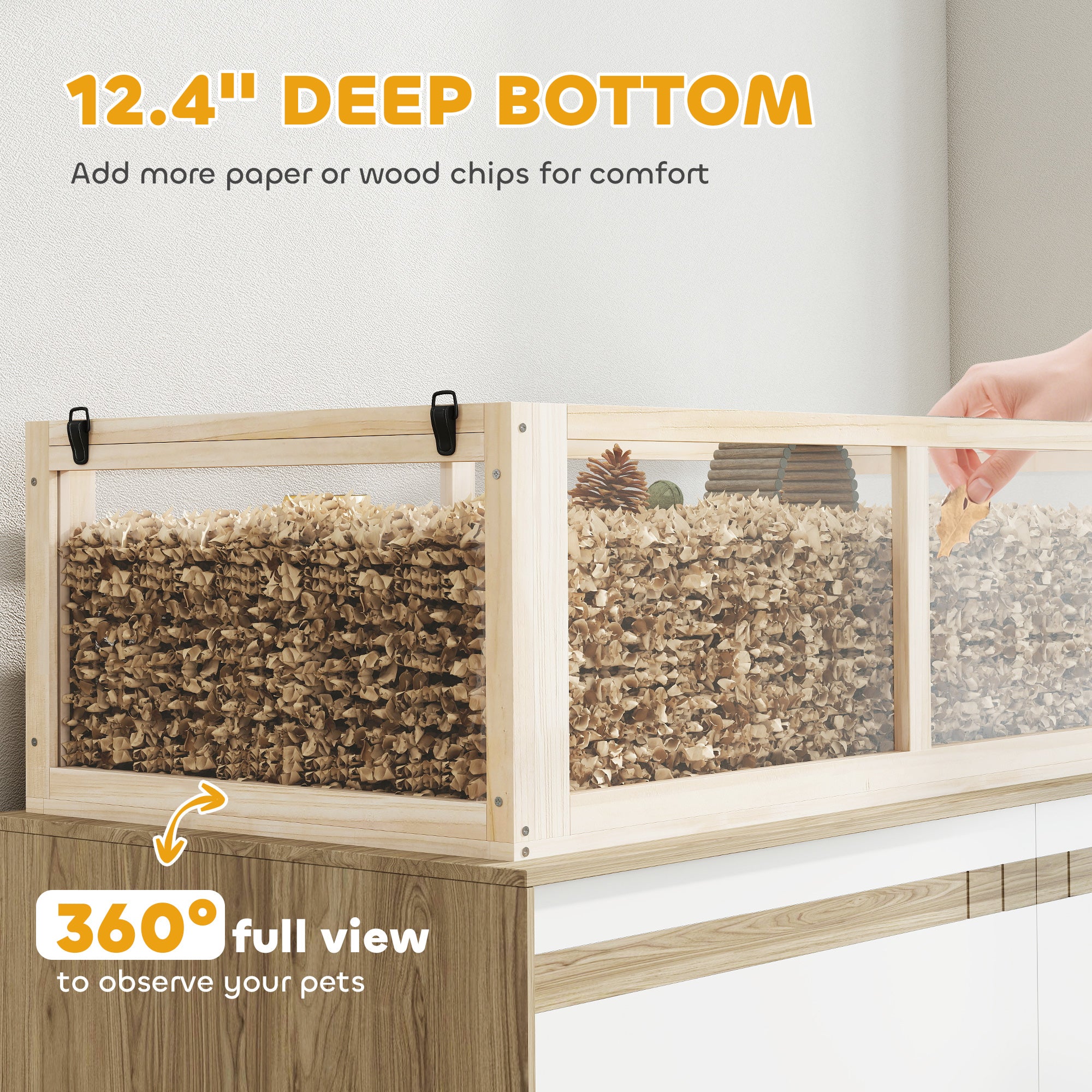 Wooden Hamster Cage, 3 Tier Small Animal Cage with Detachable 12.4" Deep Bottom, Hut, Seesaw, Exercise Wheel, Ramps, Hamster Habitat for Dwarf, Gerbil, 37" x 21" x 30"