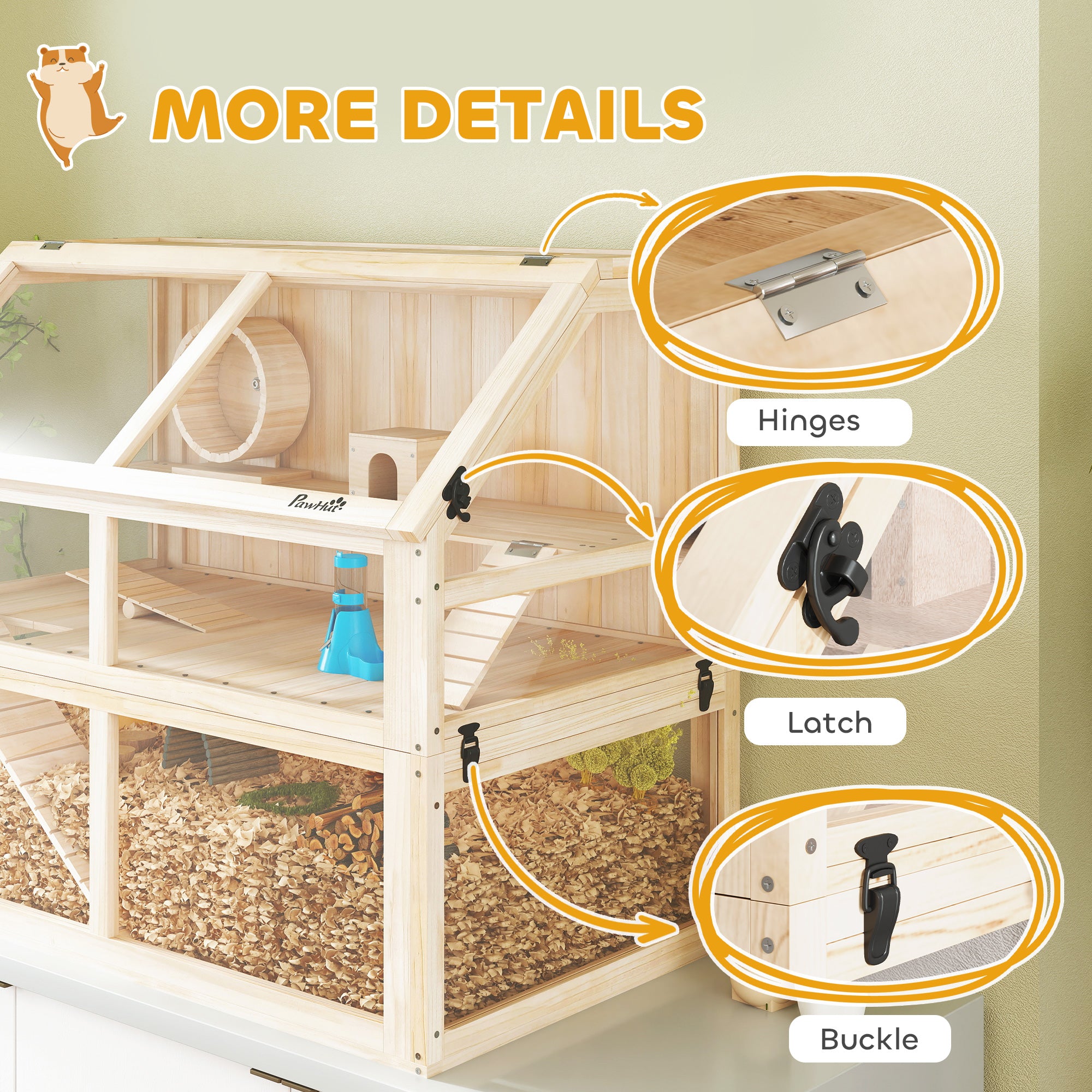 Wooden Hamster Cage, 3 Tier Small Animal Cage with Detachable 12.4" Deep Bottom, Hut, Seesaw, Exercise Wheel, Ramps, Hamster Habitat for Dwarf, Gerbil, 37" x 21" x 30"