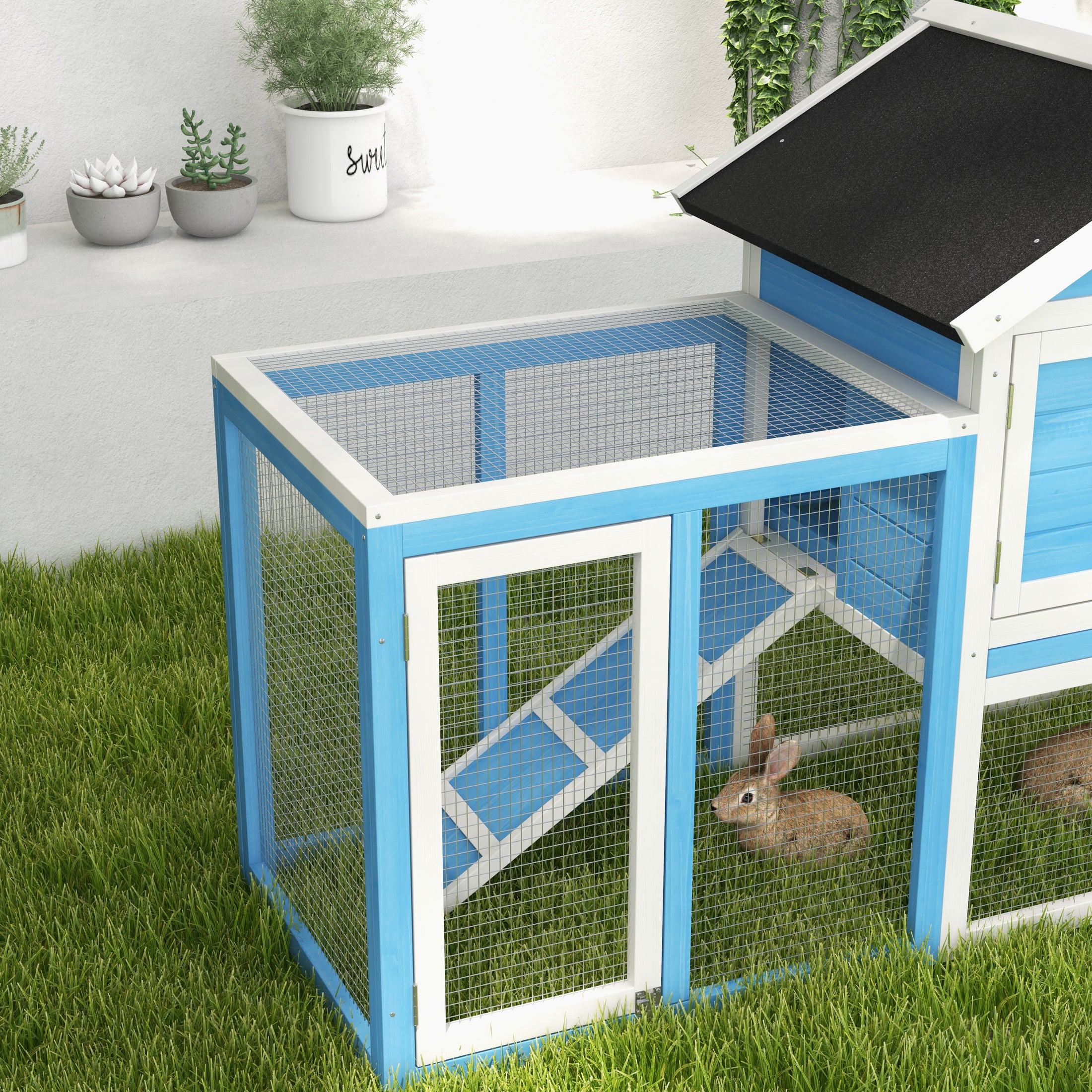 48" Weatherproof Wooden Rabbit Hutch With Slant Roof And Screened Outdoor Run, Light Blue