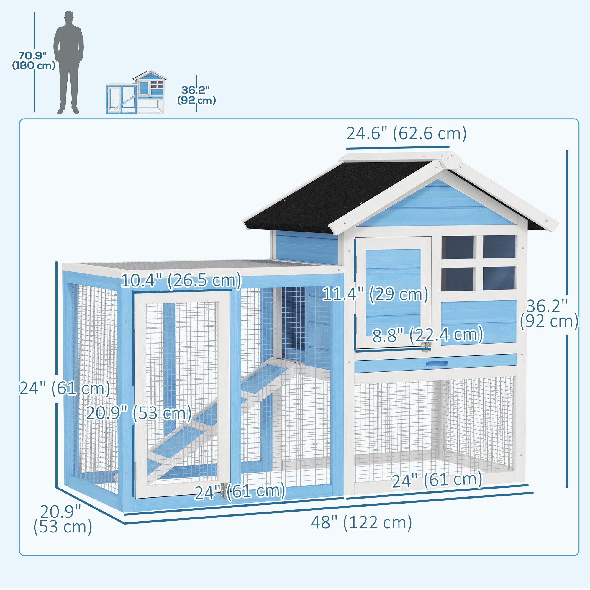 48" Weatherproof Wooden Rabbit Hutch With Slant Roof And Screened Outdoor Run, Light Blue