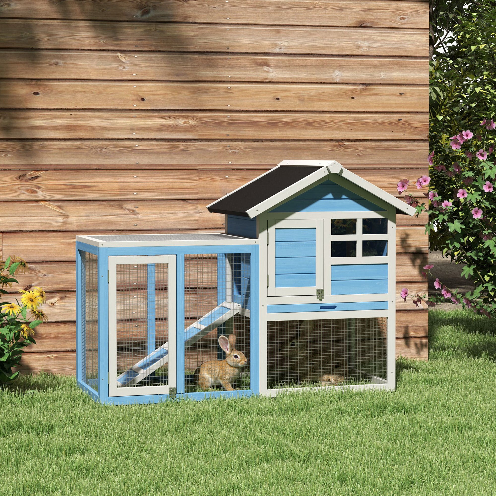 48" Weatherproof Wooden Rabbit Hutch With Slant Roof And Screened Outdoor Run, Light Blue