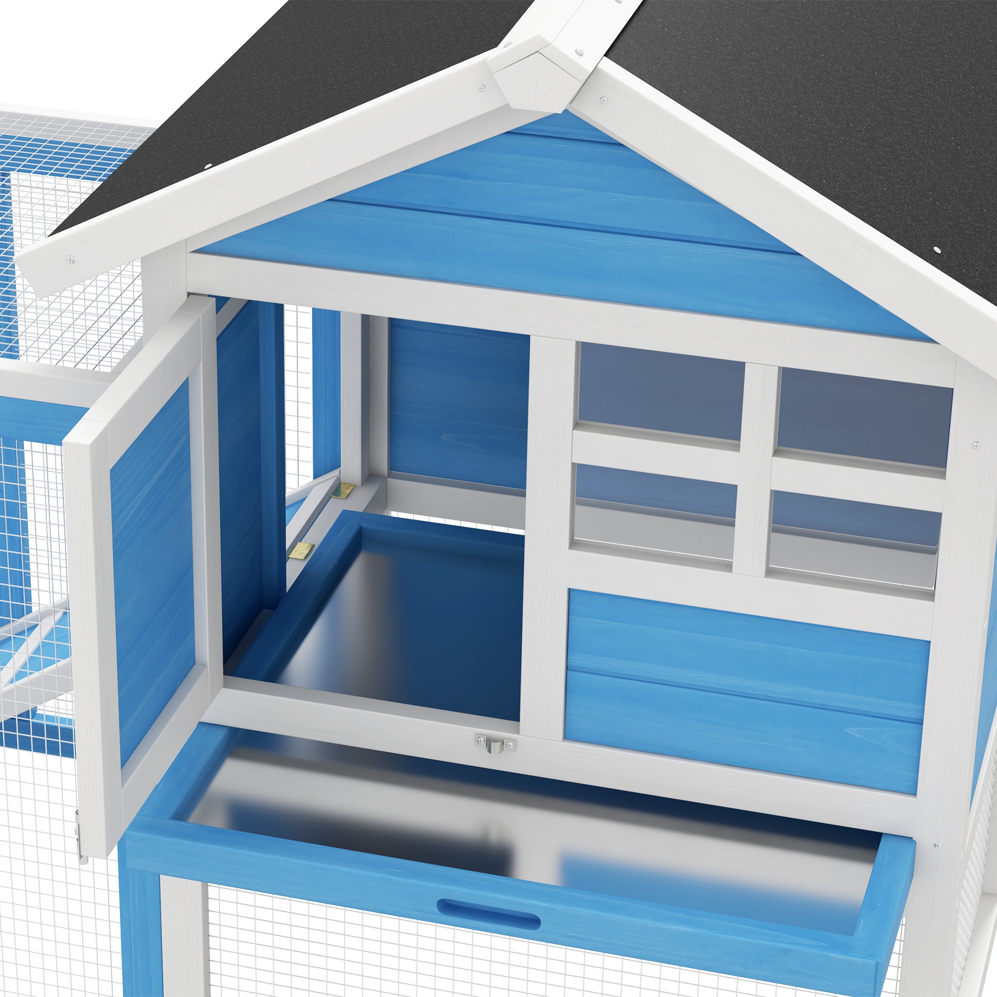 48" Weatherproof Wooden Rabbit Hutch With Slant Roof And Screened Outdoor Run, Light Blue