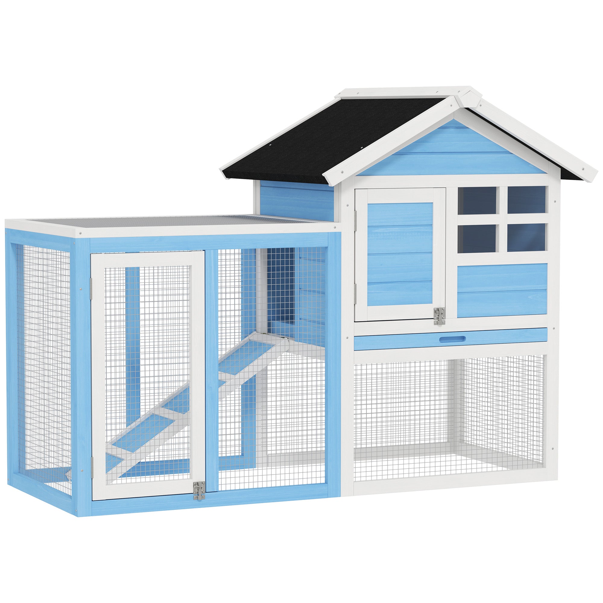 48" Weatherproof Wooden Rabbit Hutch With Slant Roof And Screened Outdoor Run, Light Blue