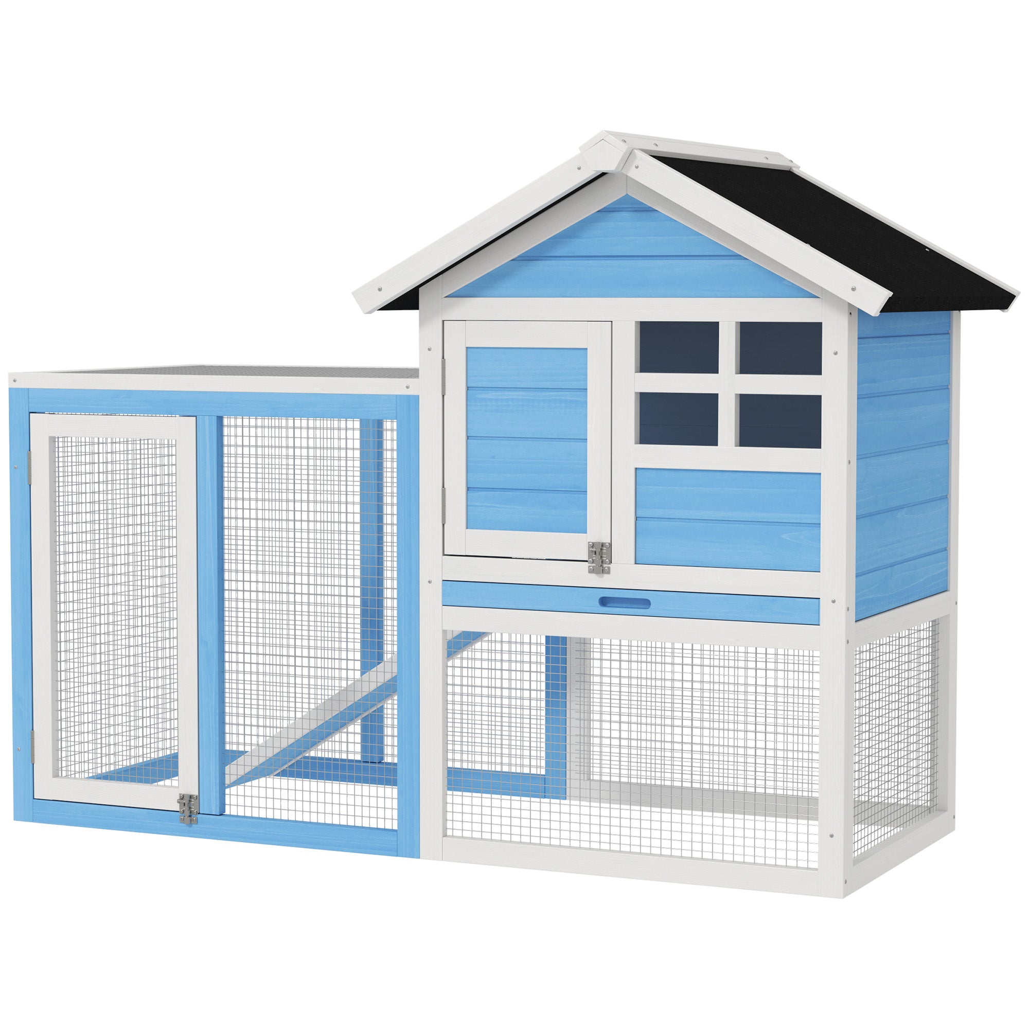 48" Weatherproof Wooden Rabbit Hutch With Slant Roof And Screened Outdoor Run, Light Blue