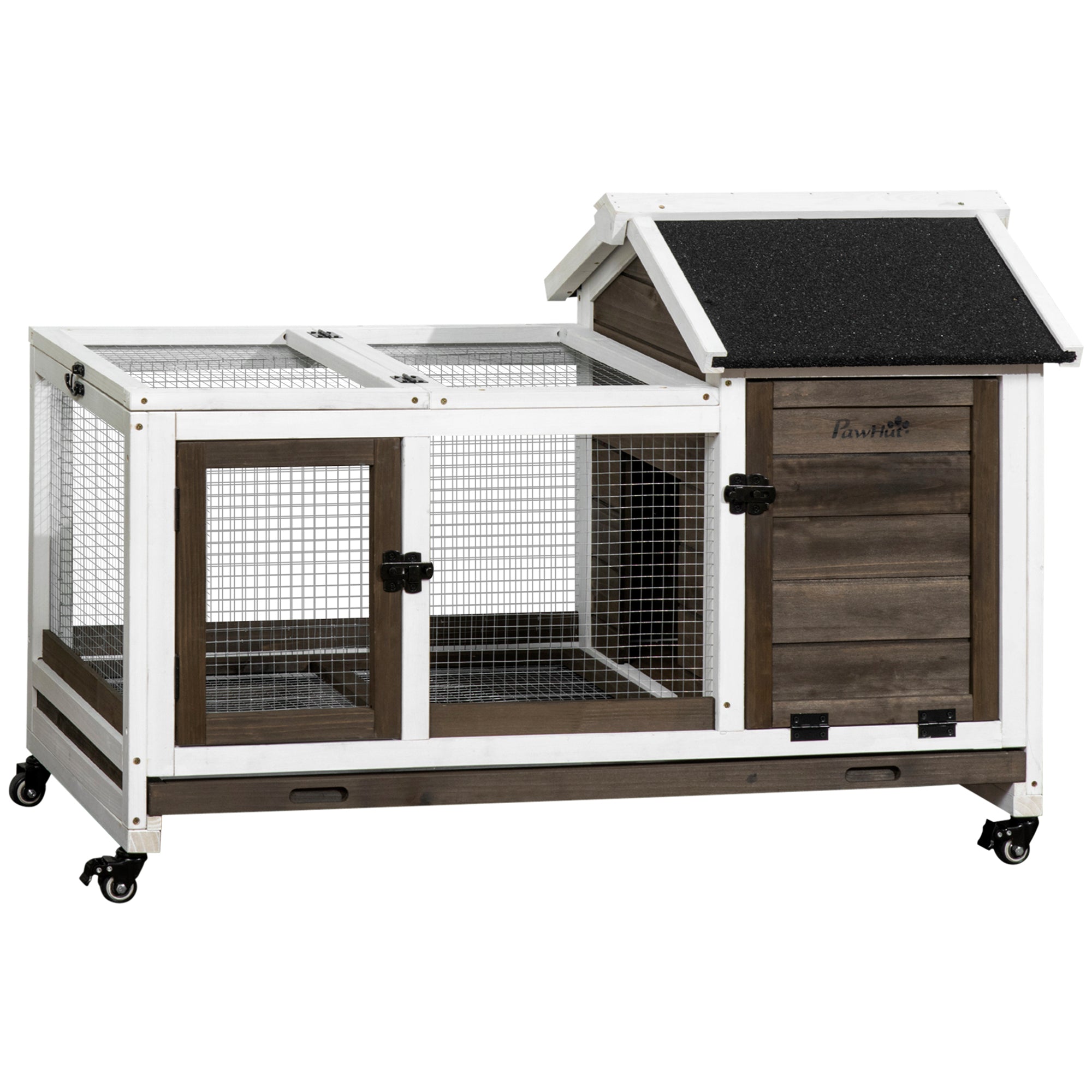 Wooden Rabbit Hutch with Wheels, Guinea Pig Cage, Small Animal House for Outdoor & Indoor with Slide-out Tray, 108 x 58 x 73.5cm, Brown