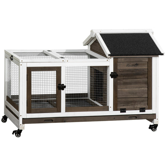 Wooden Rabbit Hutch with Wheels, Guinea Pig Cage, Small Animal House for Outdoor & Indoor with Slide-out Tray, 108 x 58 x 73.5cm, Brown