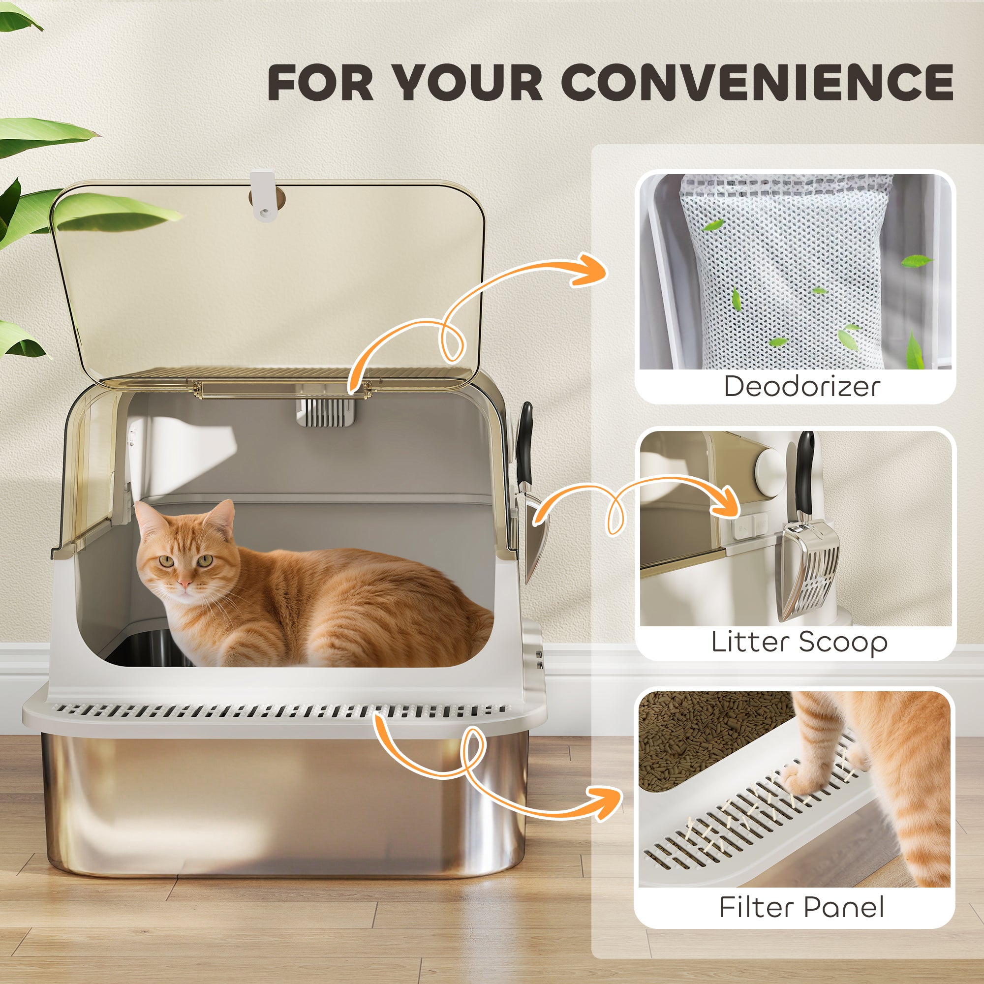 XXL Stainless Steel Cat Litter Tray, Enclosed Cat Litter Box with 90° Flip Cover, Double Doors, Scoop, Easy Clean, Odor Control, Anti-Leaking, Non-Sticky, Grey