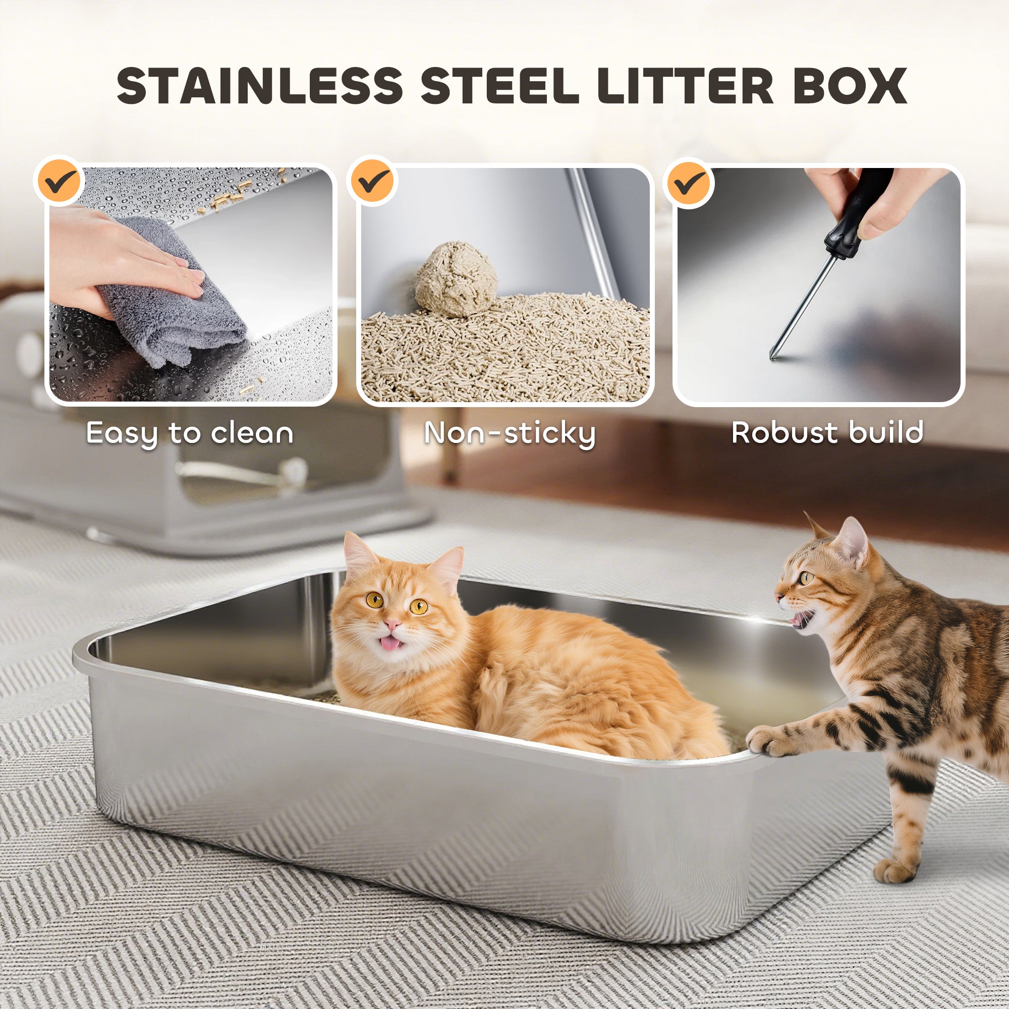XXL Stainless Steel Cat Litter Tray, Enclosed Cat Litter Box with 90° Flip Cover, Double Doors, Scoop, Easy Clean, Odor Control, Anti-Leaking, Non-Sticky, Grey