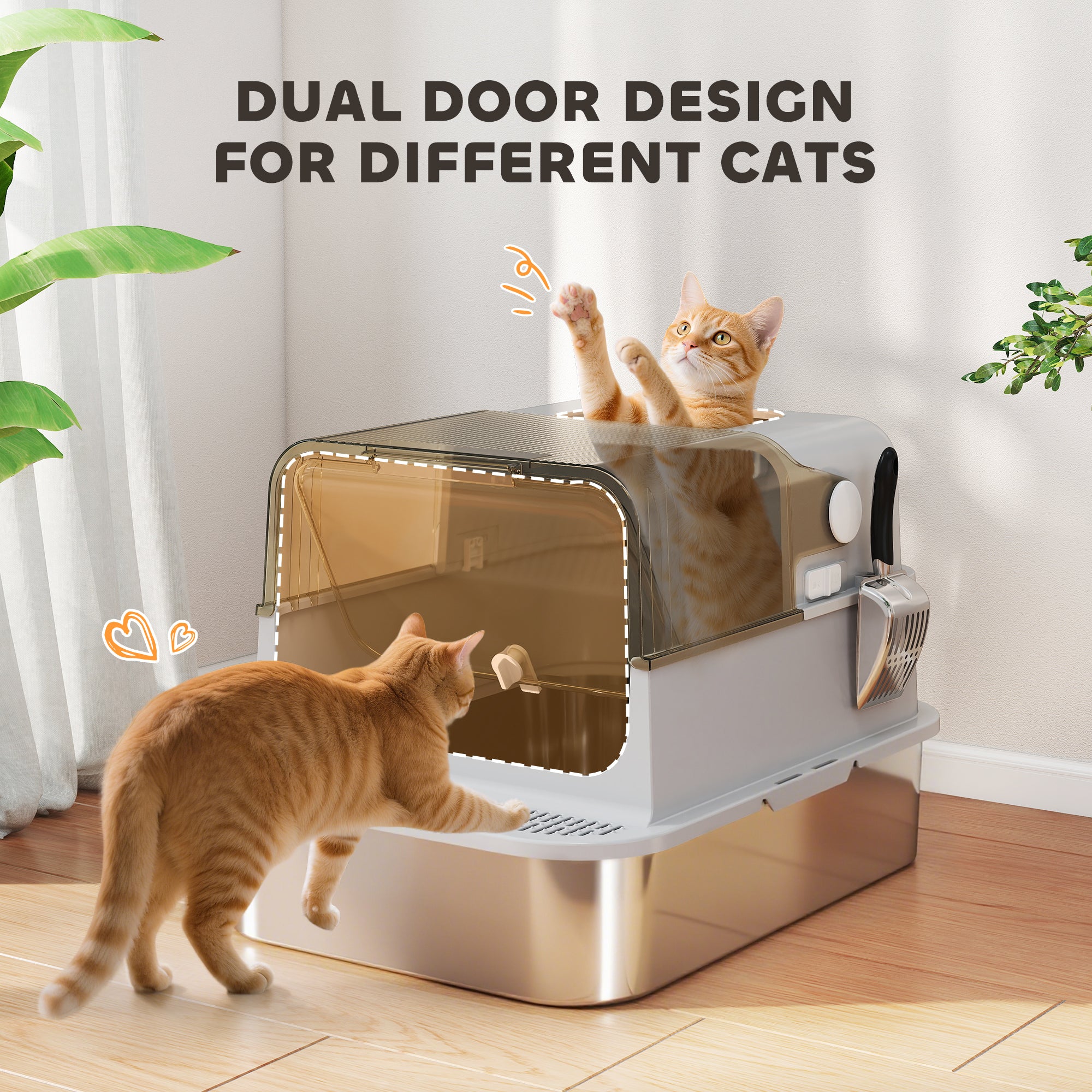 XXL Stainless Steel Cat Litter Tray, Enclosed Cat Litter Box with 90° Flip Cover, Double Doors, Scoop, Easy Clean, Odor Control, Anti-Leaking, Non-Sticky, Grey