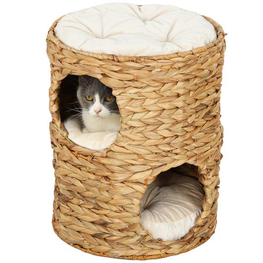 Cat Condo Barrel, 2-Storey Cat Tree Tower with Top Perch and 2 Hideaways, 2 Entrances, 3 Cushions, for Indoor Kittens, Light Brown
