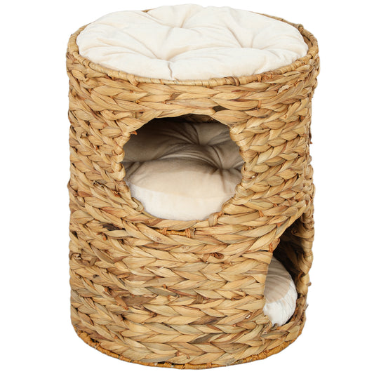 Cat Condo Barrel, 2-Storey Cat Tree Tower with Top Perch and 2 Hideaways, 2 Entrances, 3 Cushions, for Indoor Kittens, Light Brown