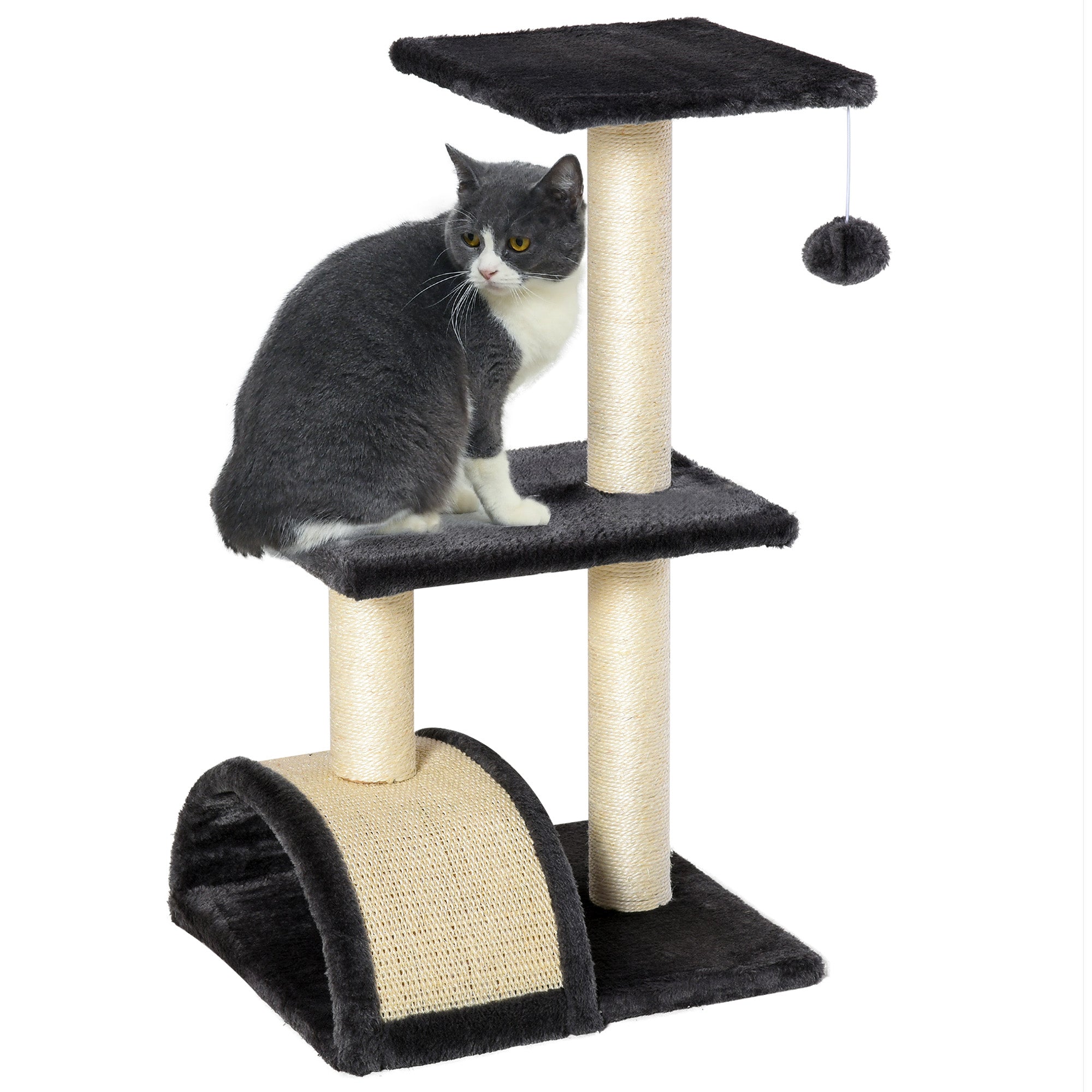 Cat Tree Tower for Indoor Cats, 28 Inches Climbing Activity Center w/ Sisal Scratching Post, Pad, Arc Perch, Hanging Ball, Toy, Grey and Cream White
