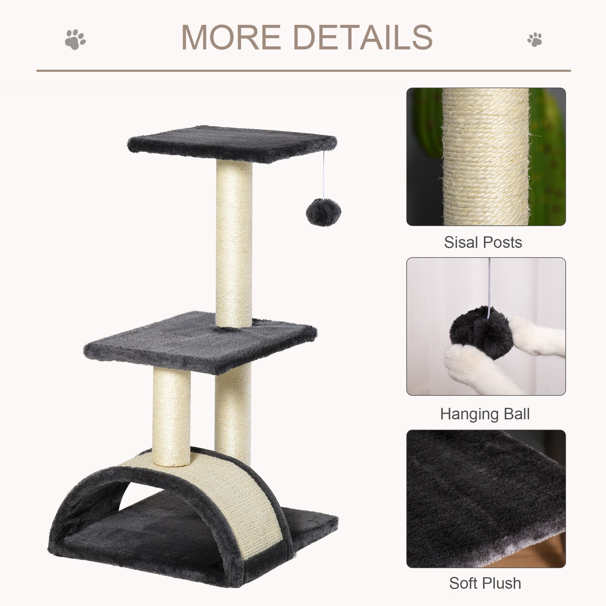 Cat Tree Tower for Indoor Cats, 28 Inches Climbing Activity Center w/ Sisal Scratching Post, Pad, Arc Perch, Hanging Ball, Toy, Grey and Cream White