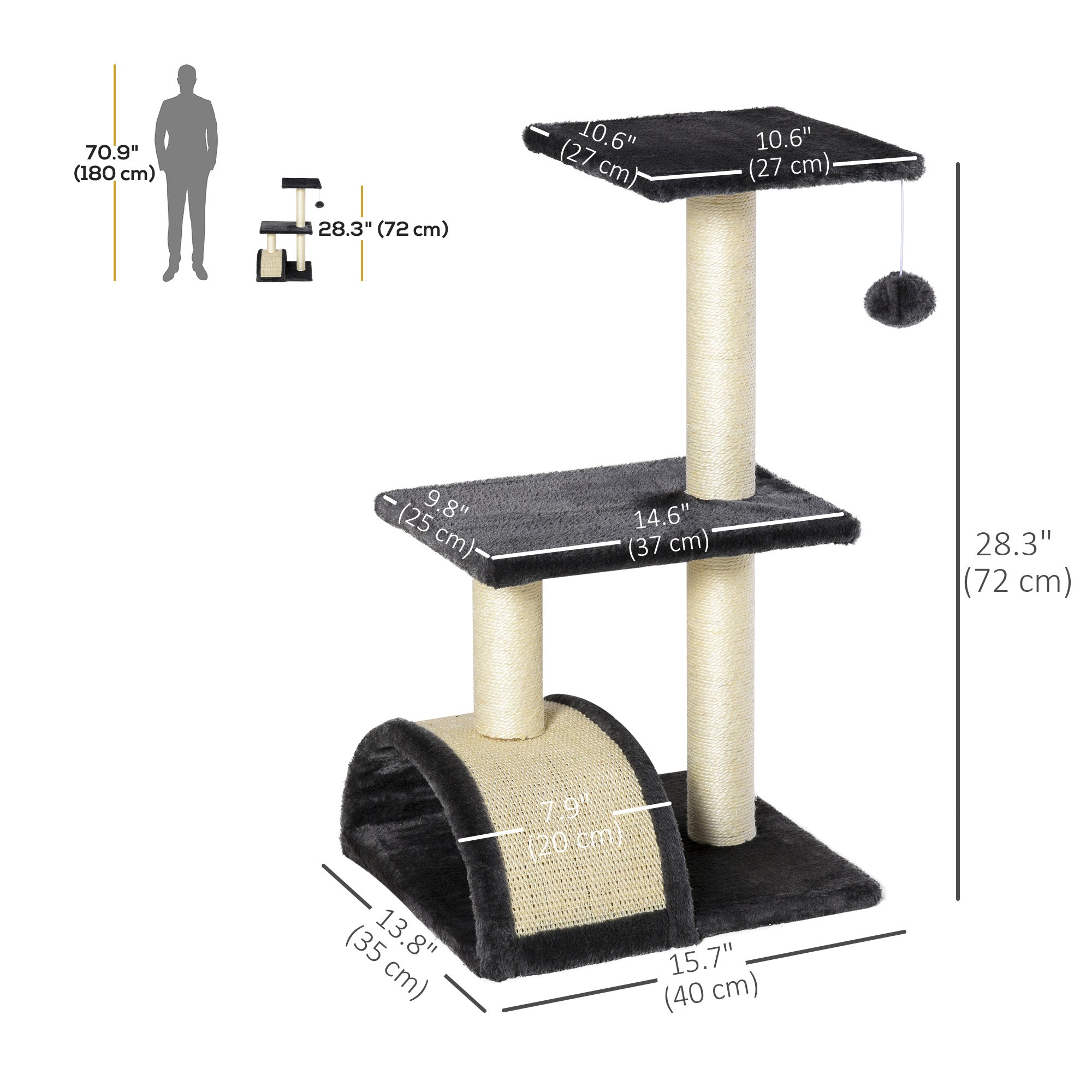 Cat Tree Tower for Indoor Cats, 28 Inches Climbing Activity Center w/ Sisal Scratching Post, Pad, Arc Perch, Hanging Ball, Toy, Grey and Cream White