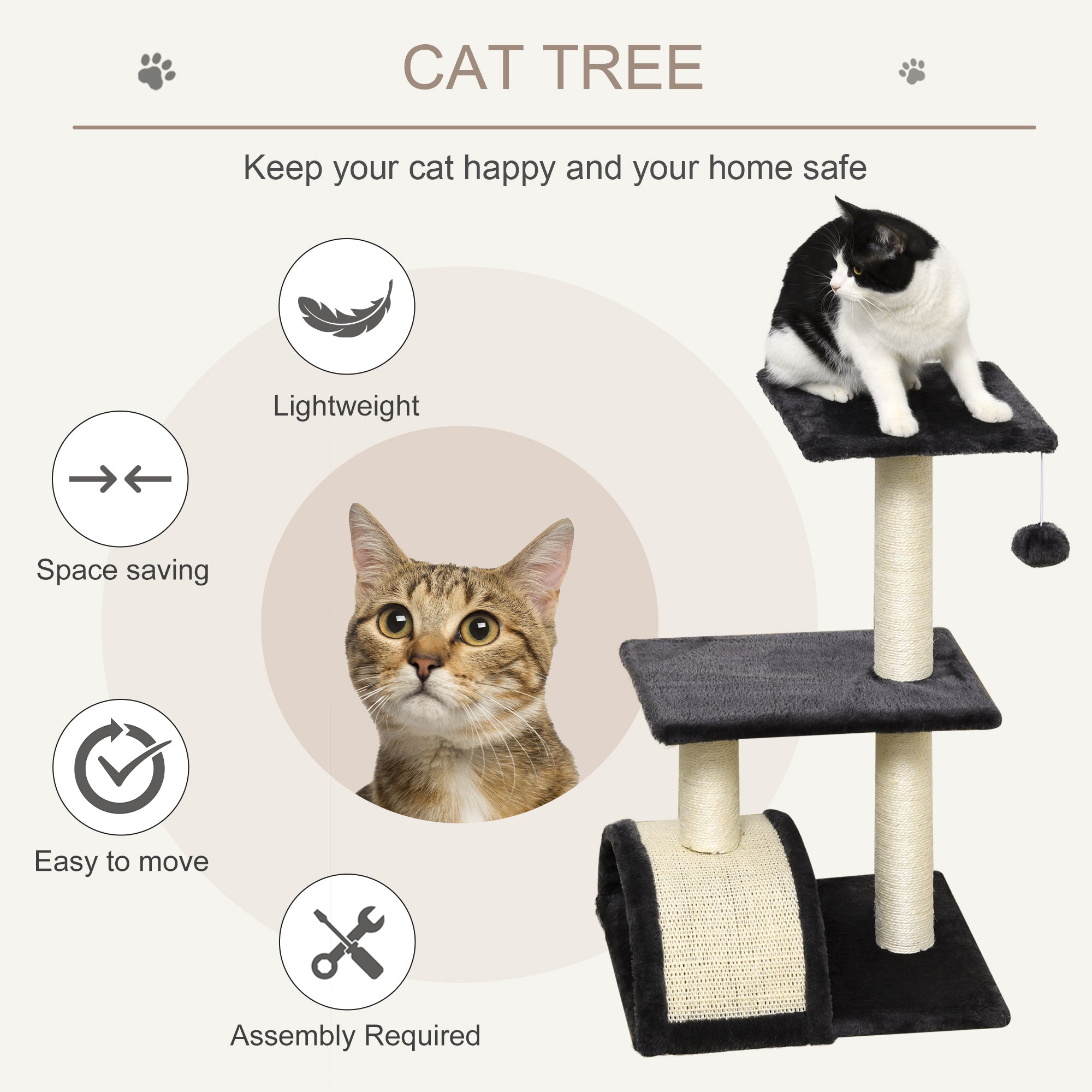 Cat Tree Tower for Indoor Cats, 28 Inches Climbing Activity Center w/ Sisal Scratching Post, Pad, Arc Perch, Hanging Ball, Toy, Grey and Cream White