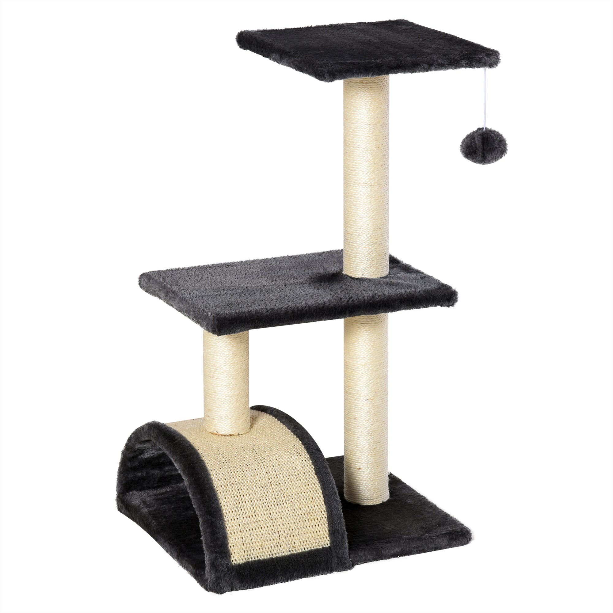 Cat Tree Tower for Indoor Cats, 28 Inches Climbing Activity Center w/ Sisal Scratching Post, Pad, Arc Perch, Hanging Ball, Toy, Grey and Cream White