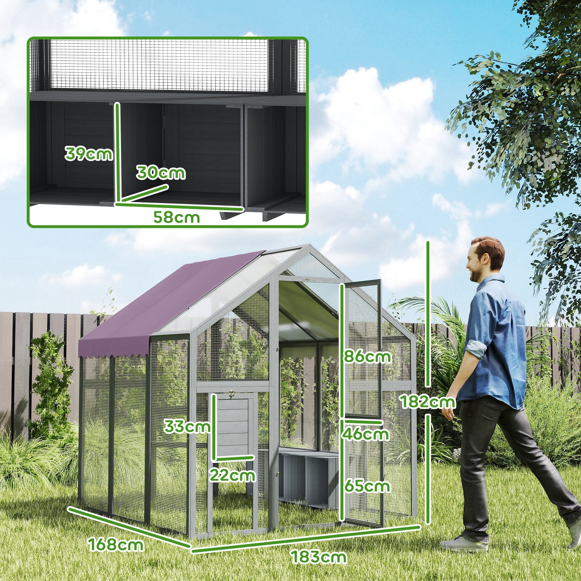 Chicken Run, Large Wooden Walk In Chicken Coop with Waterproof Cover, Split Door, 2 Nesting Boxes, 2 Roosting Bars, Poultry Hen Cage for 6-8 Chickens, Ducks, Geese, Rabbits, 1.7 x 1.8 x 1.8 m