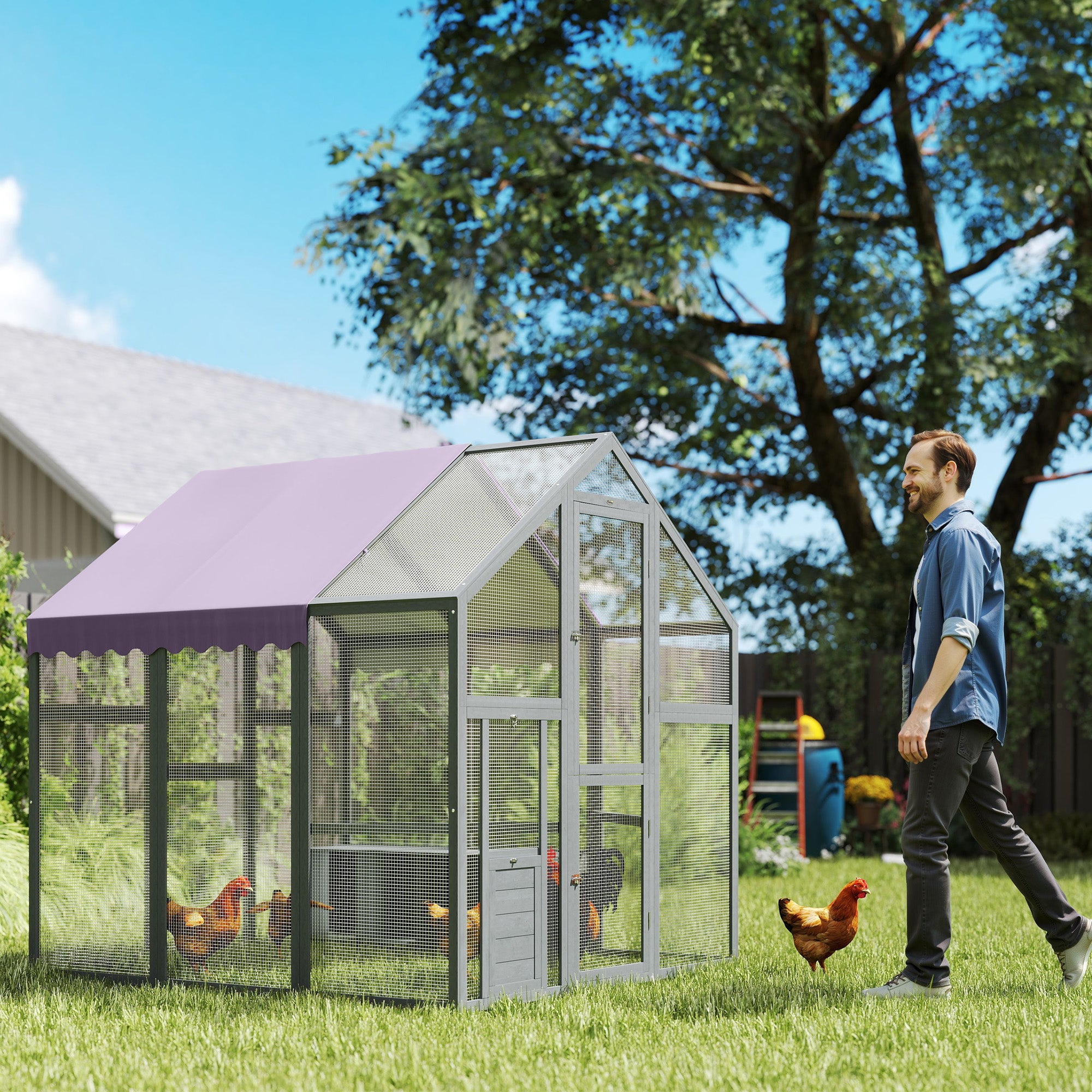 Chicken Run, Large Wooden Walk In Chicken Coop with Waterproof Cover, Split Door, 2 Nesting Boxes, 2 Roosting Bars, Poultry Hen Cage for 6-8 Chickens, Ducks, Geese, Rabbits, 1.7 x 1.8 x 1.8 m