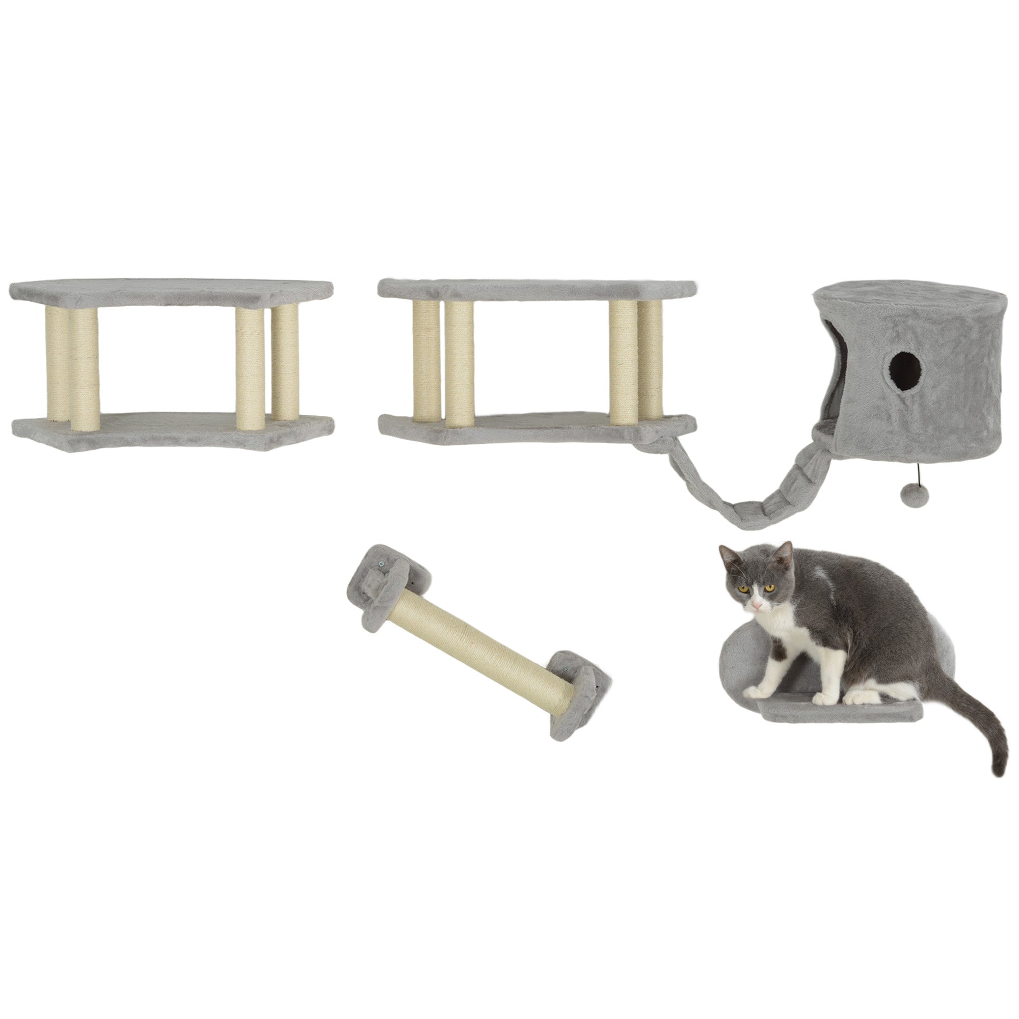 Cat Wall Shelves, 4PCs Cat Shelves with Scratching Post, Jumping Platforms, Ladder, Condo, Ceiling Wall Mounted Cat Climber, Light Grey