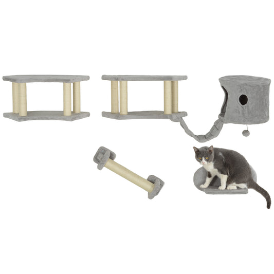 Cat Wall Shelves, 4PCs Cat Shelves with Scratching Post, Jumping Platforms, Ladder, Condo, Ceiling Wall Mounted Cat Climber, Light Grey