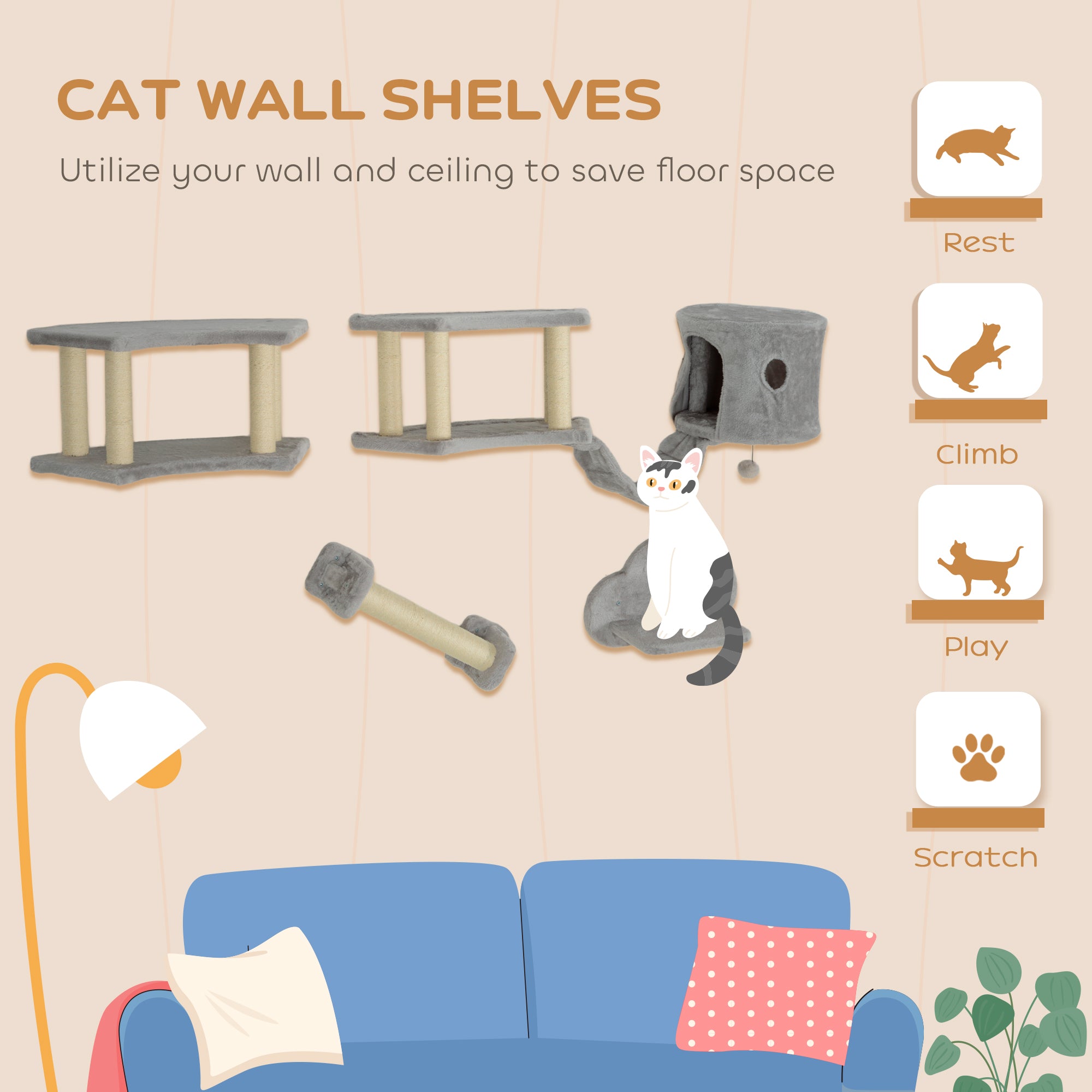 Cat Wall Shelves, 4PCs Cat Shelves with Scratching Post, Jumping Platforms, Ladder, Condo, Ceiling Wall Mounted Cat Climber, Light Grey