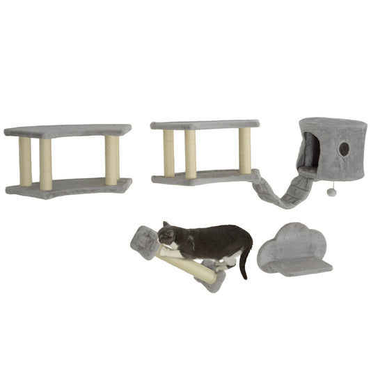 Cat Wall Shelves, 4PCs Cat Shelves with Scratching Post, Jumping Platforms, Ladder, Condo, Ceiling Wall Mounted Cat Climber, Light Grey